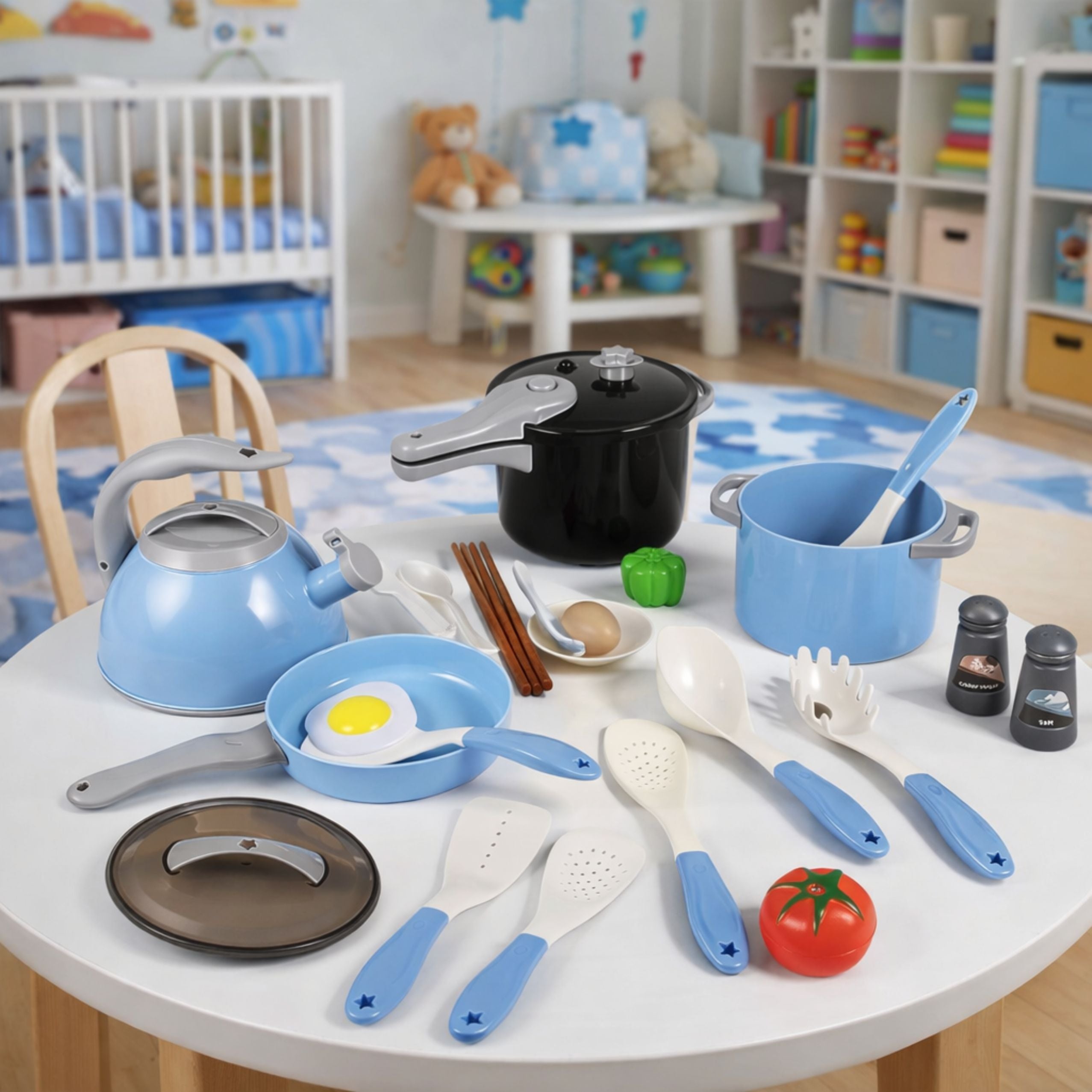 Kitchen Utensils Set Pots Frying Pan Kettle Accessories Blue 32 Pcs.