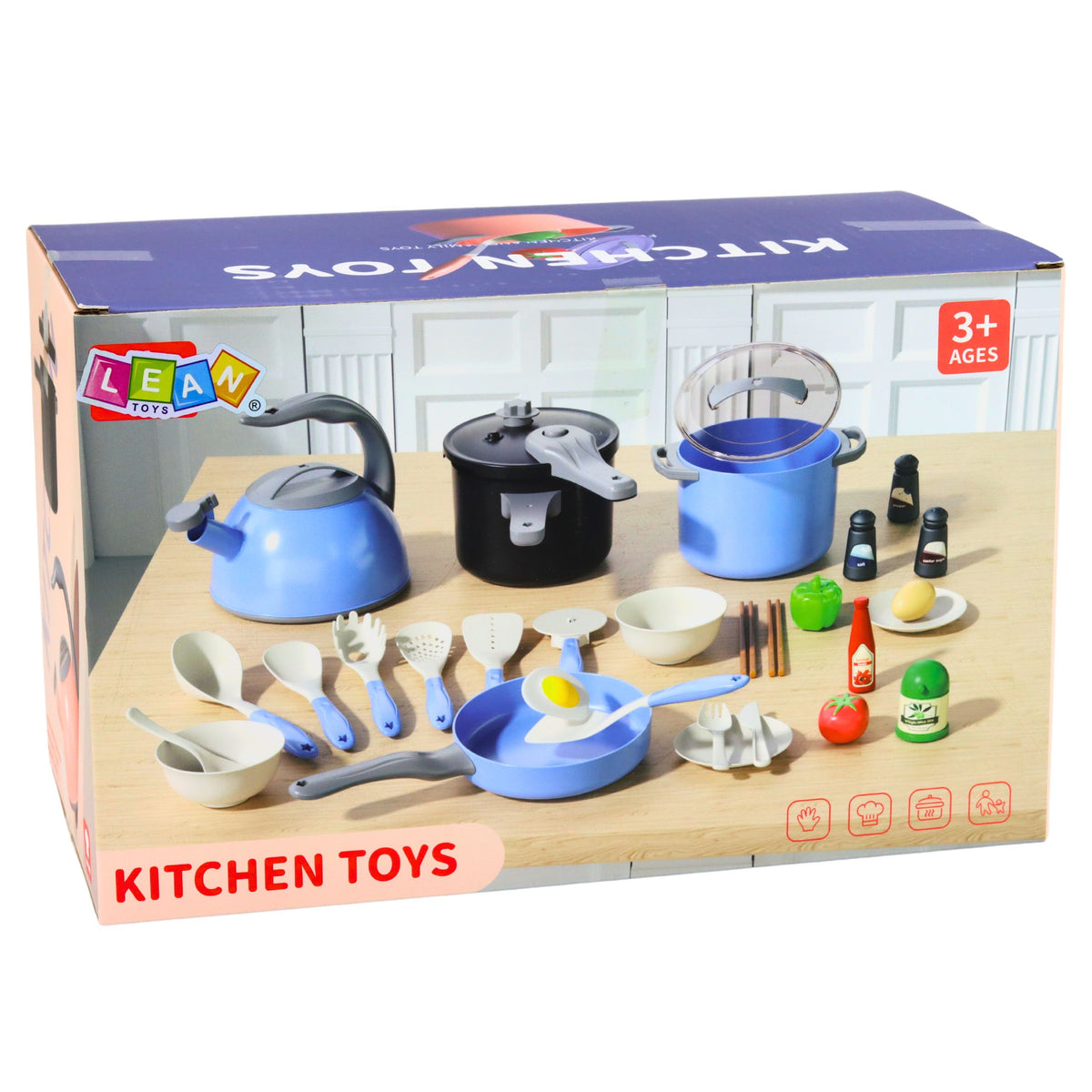 Ensemble d'ustensiles de cuisine, casseroles, poêle, bouilloire, accessoires bleu, 32 pièces.