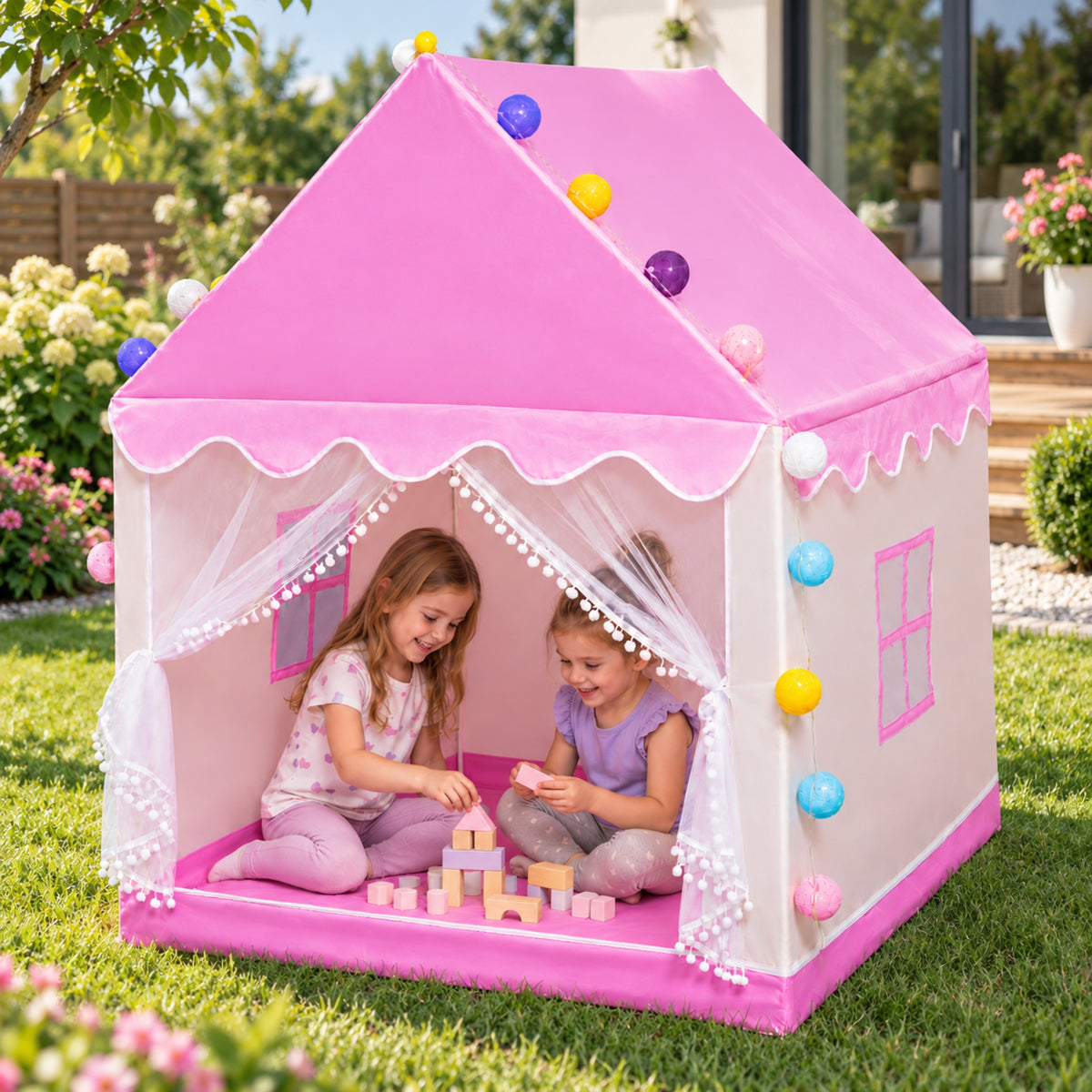 Детска Палатка Къща за Игра с Декоративни Led Светлини За Стаята Розова