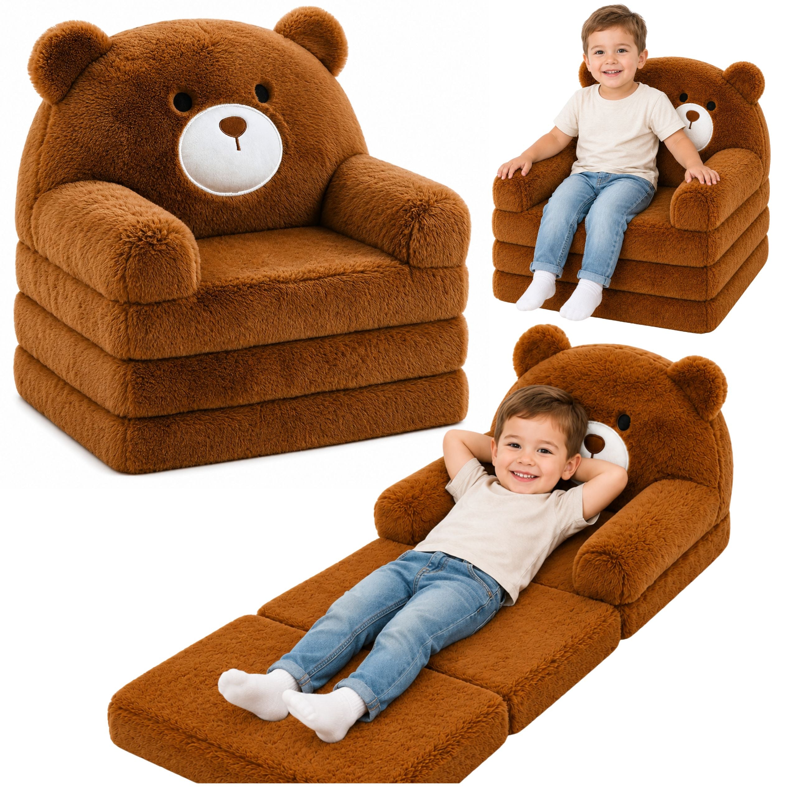 Reclining Armchair Sofa Lounger Teddy Bear 2in1 For Children Soft Plush Brown