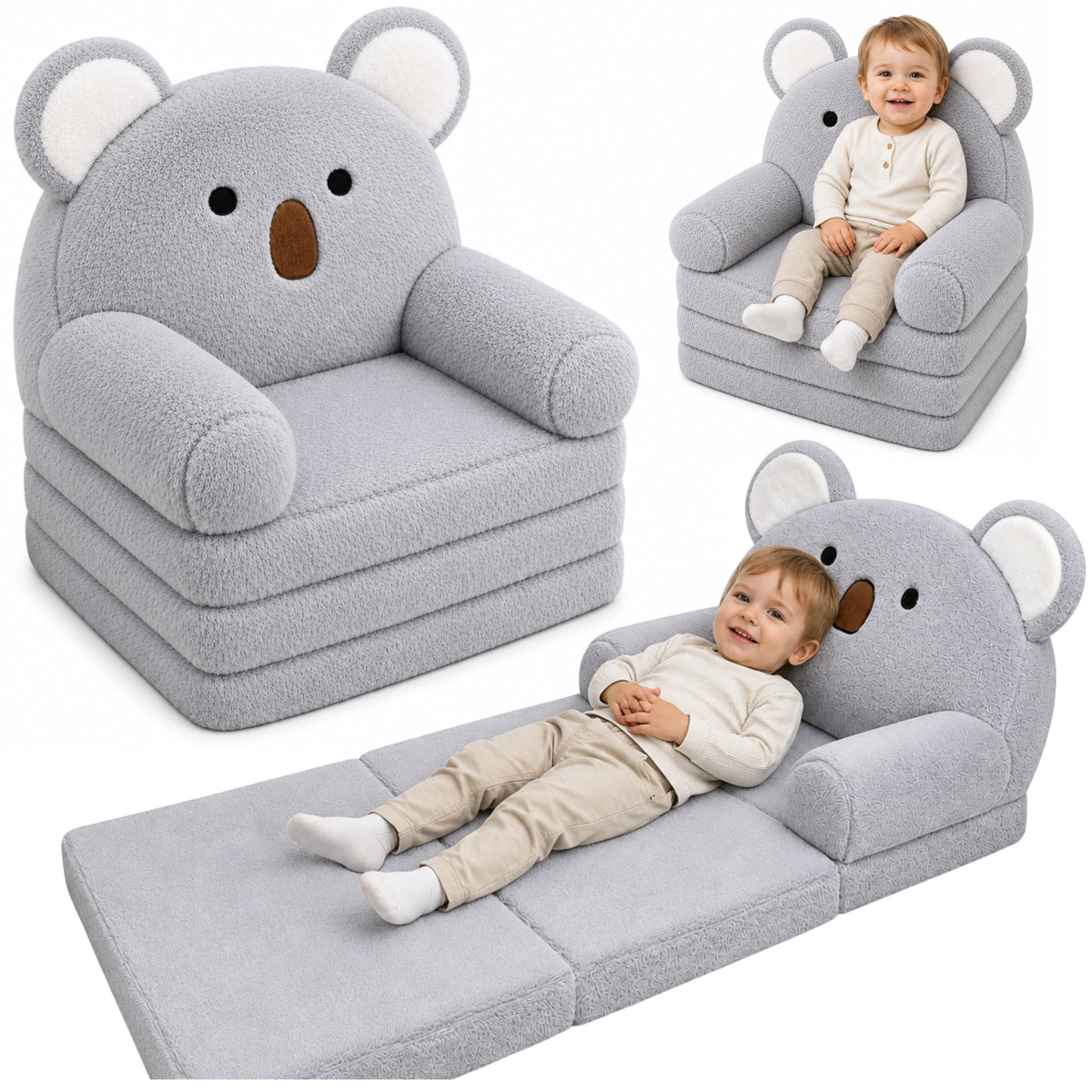 Koala 2-in-1 Cathaoirleach Tolg reclining Do Leanaí Soft Plush Grey