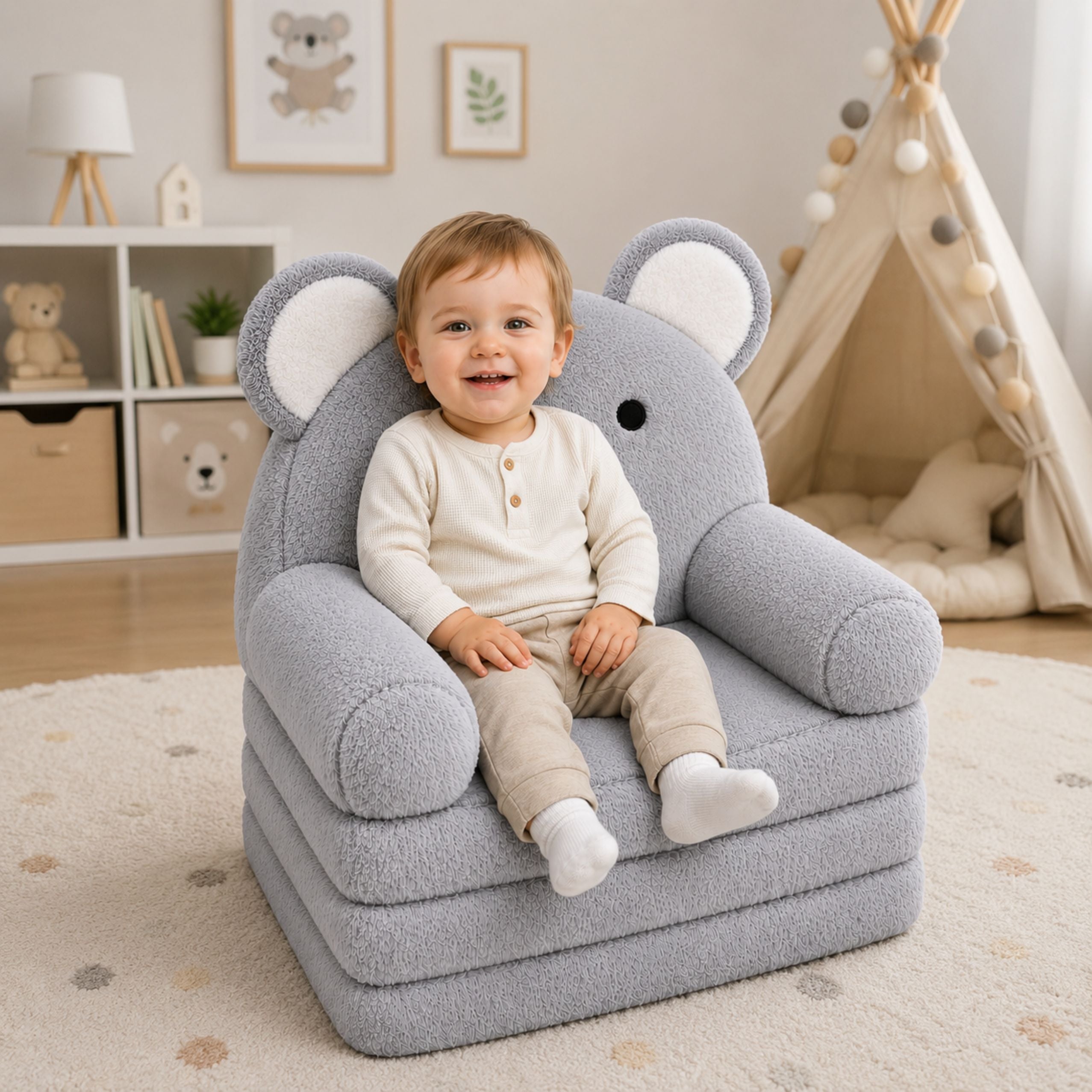 Koala 2-in-1 Reclining Sofa Armchair For Children Soft Plush Gray