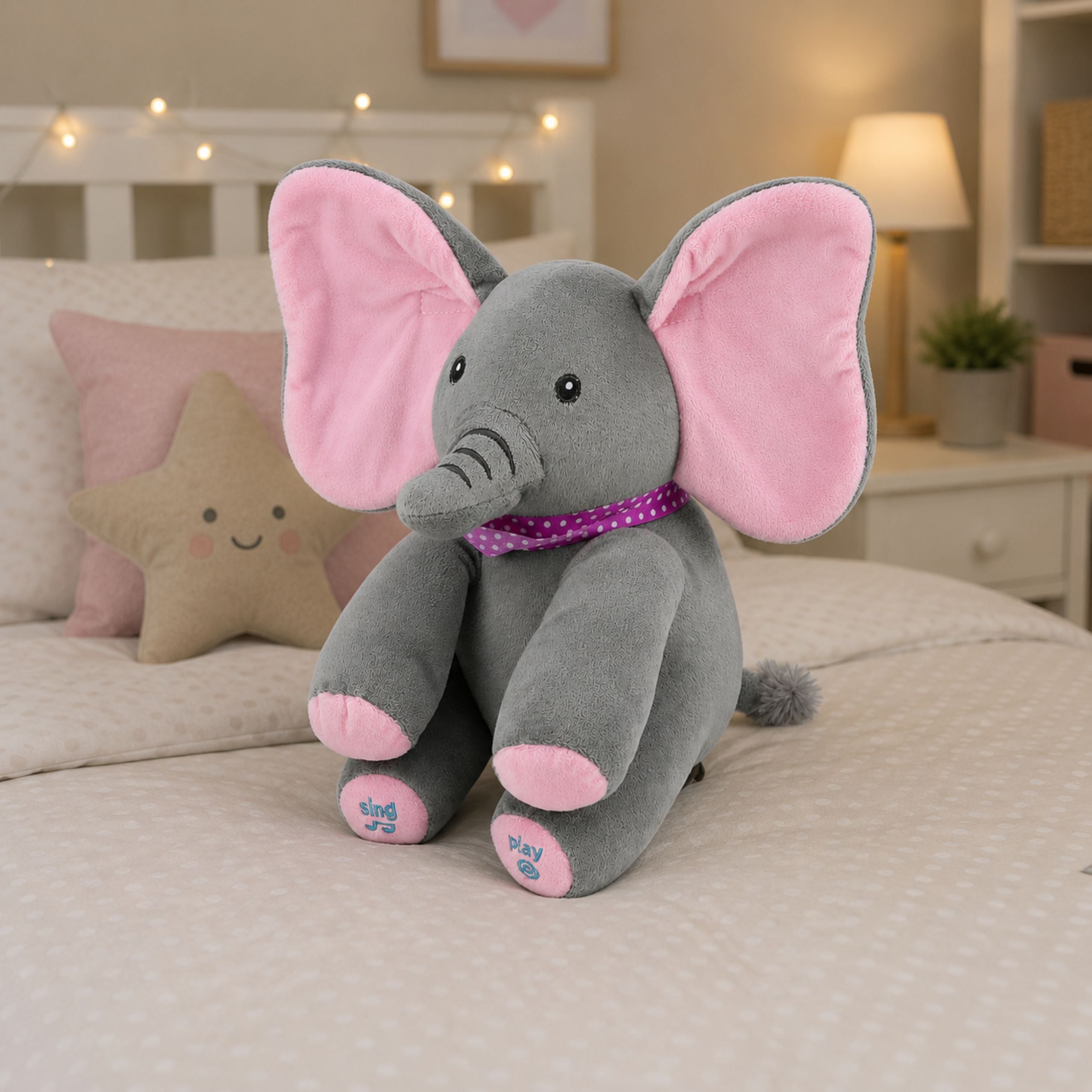 Plush Interactive Elephant Moves Ears Plays Melodies Peek-a-boo Game