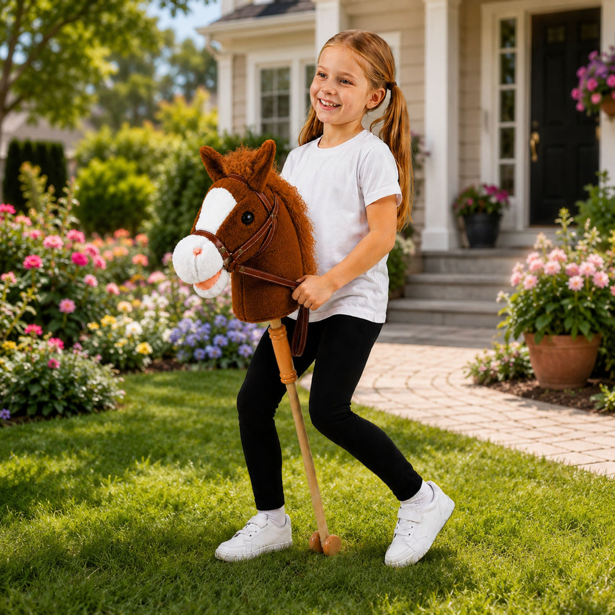 Capall Bata Caitheamh aimsire Ceann Capall Galloping Fuaimeanna Comharsanachta Donn 100 Cm