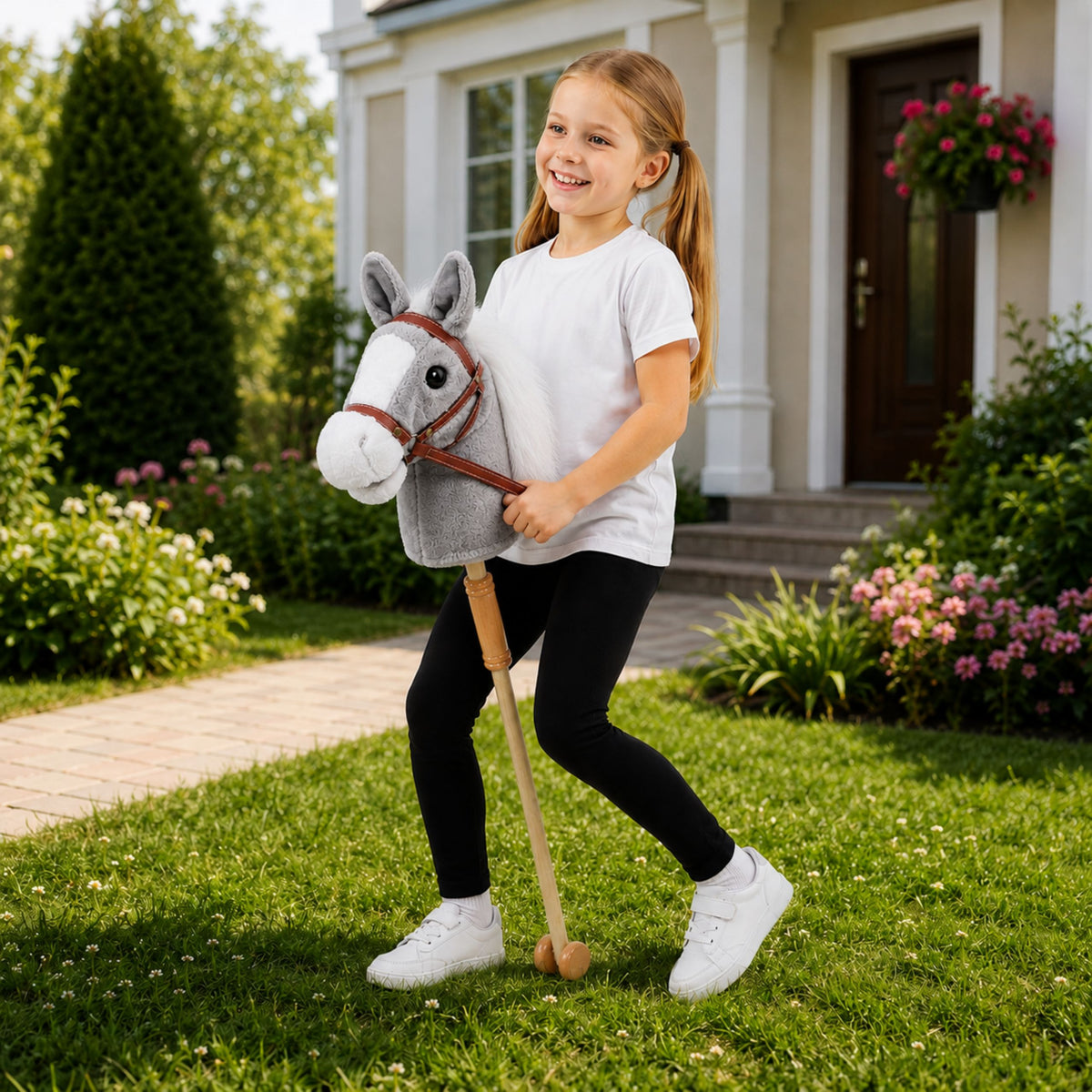 Hobby Horse Cavallo su bastone Testa di cavallo al galoppo Suoni di nitrito Grigio 100 cm