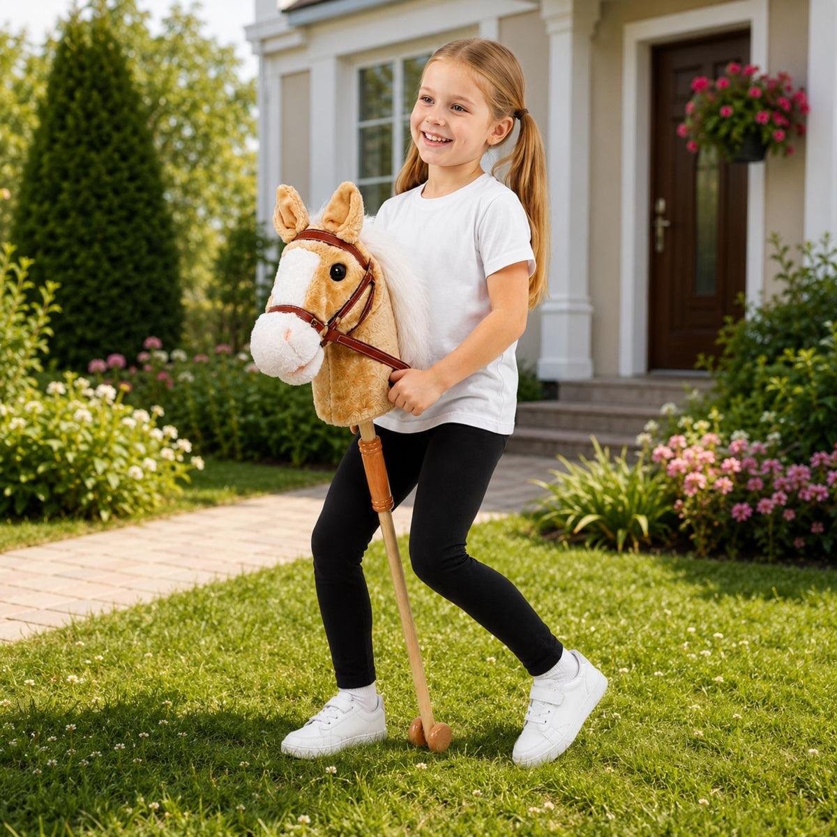 Hobby Horse Stick Horse Head Galloping Neighing Sounds Beige 100 Cm