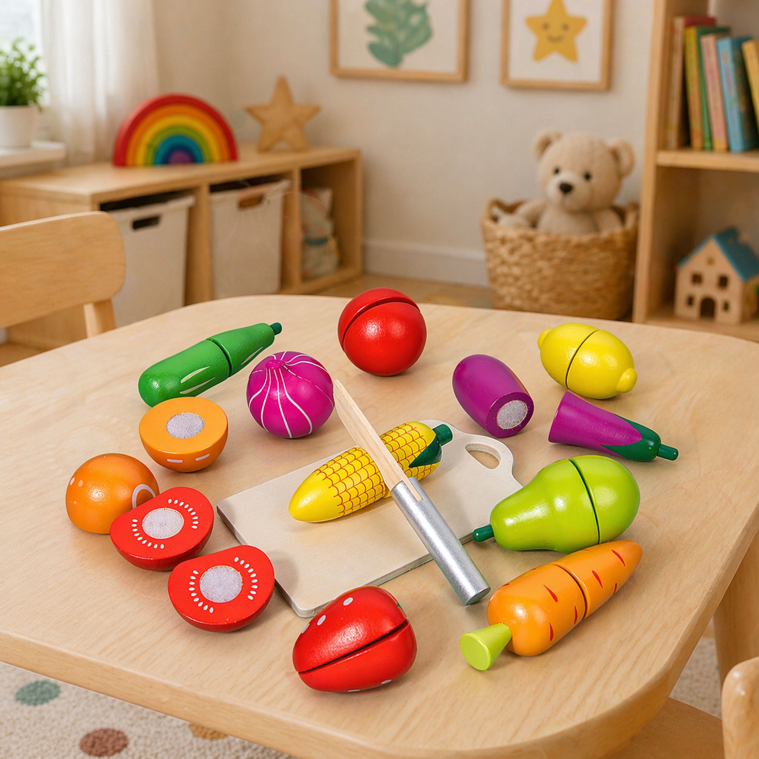 Wooden Fruit Vegetable Chopping Board Safety Knife Bucket Set 13 Pcs
