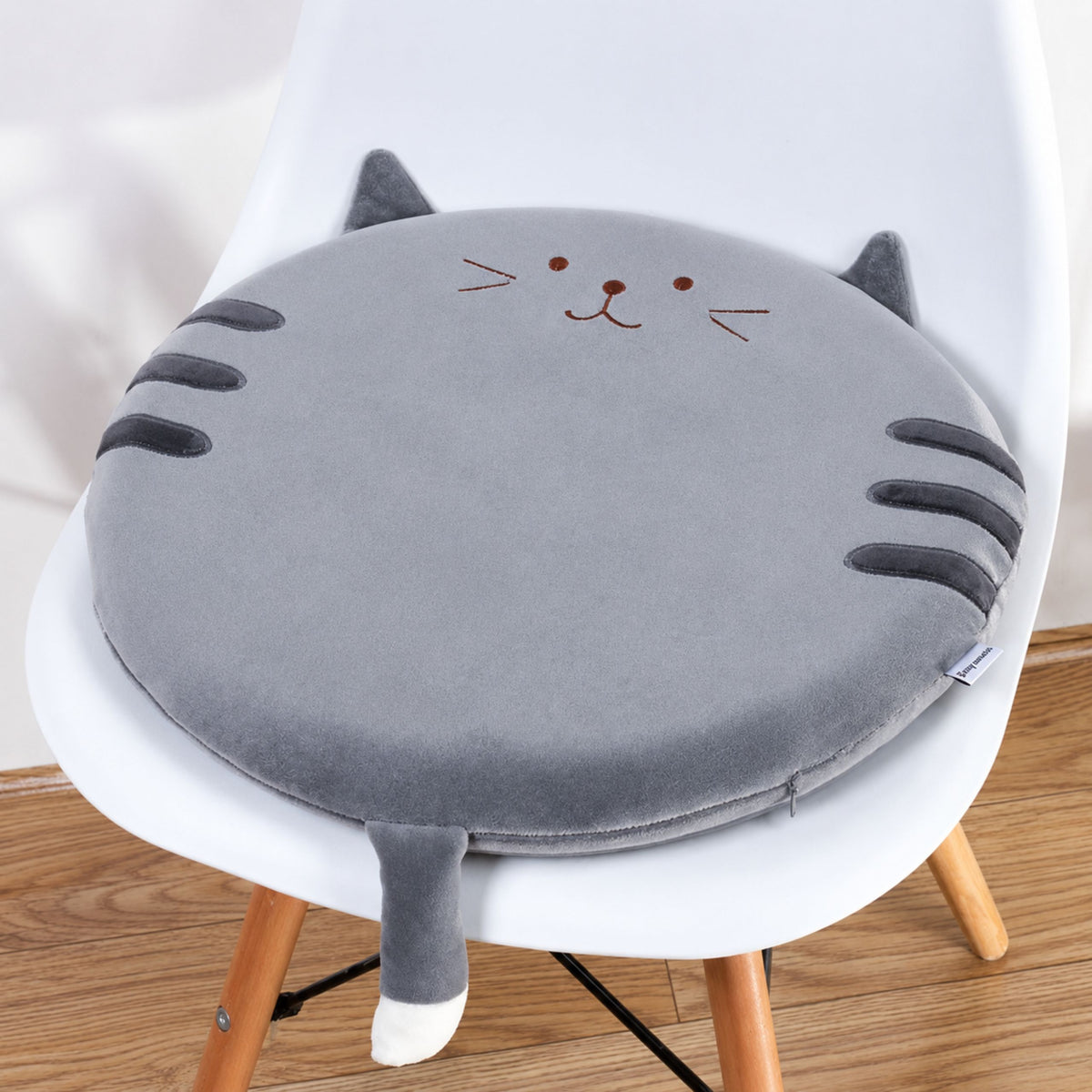 Cuscino rotondo per sedia in peluche gatto grigio, seduta morbida, 40 cm