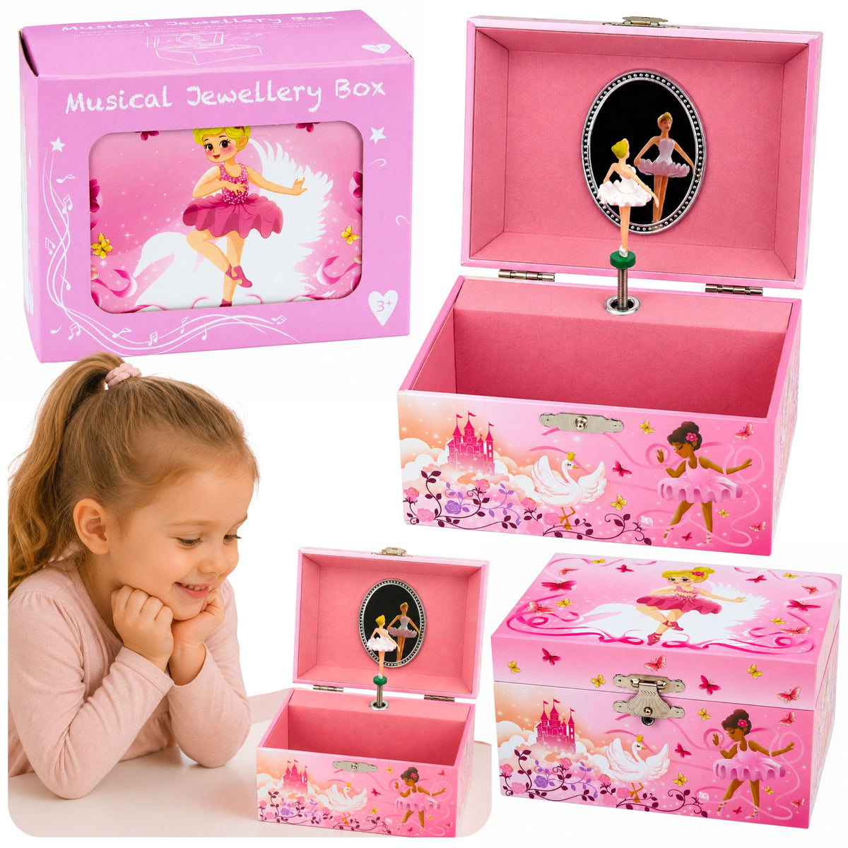 Wind-up Music Box Jewelry Box For Children With Mirror Pink