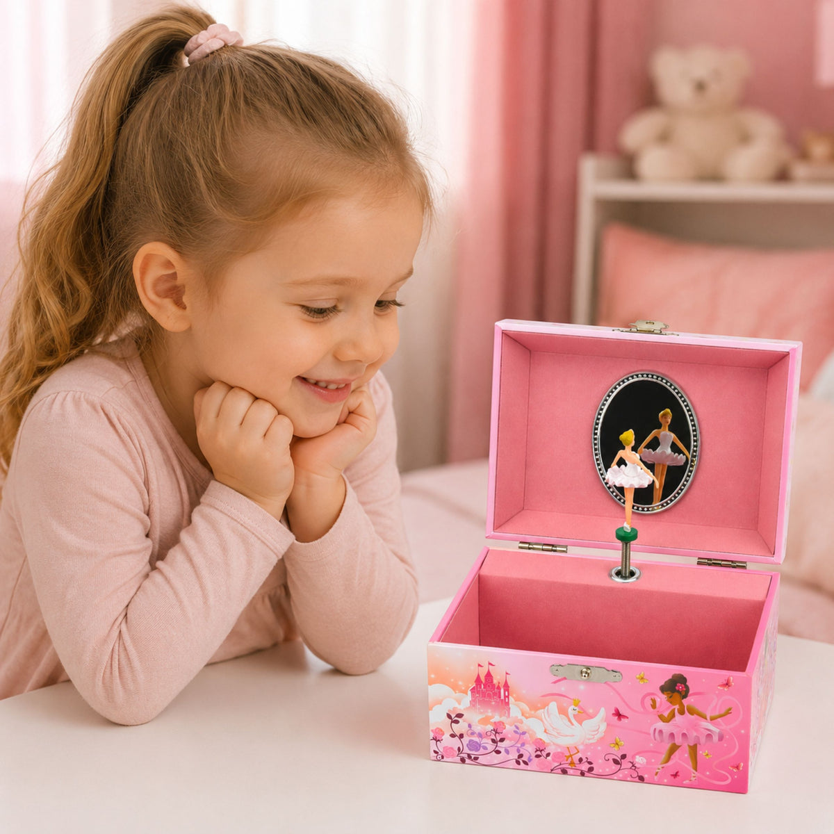Wind-up Music Box Jewelry Box For Children With Mirror Pink