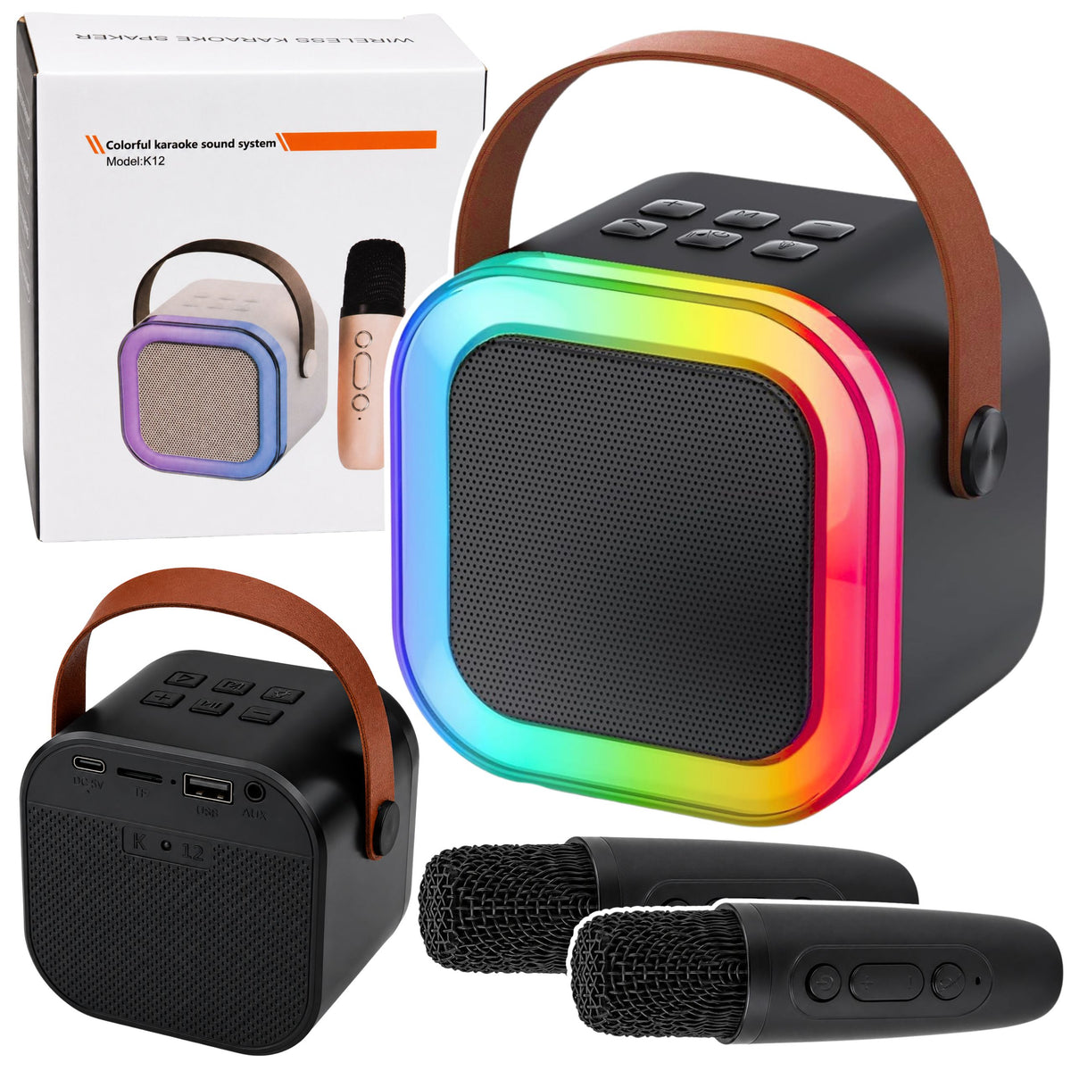 Karaoke Set Bluetooth Speaker Two Microphones Led Lights Black