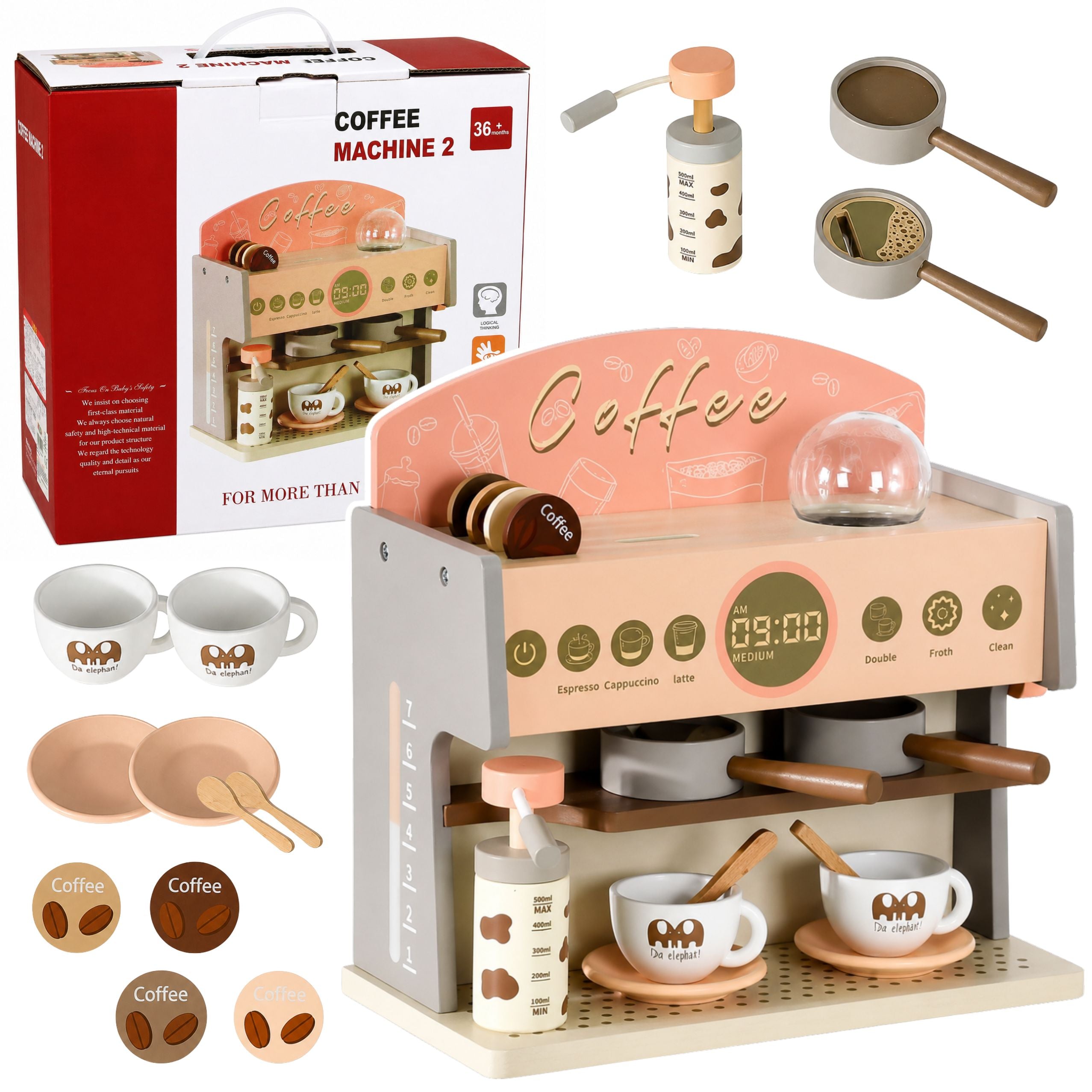 Barista Set Coffee Maker Wooden Accessories Pink