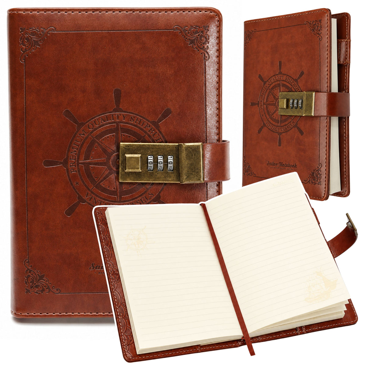 Notebook Diary Password Notebook Eco Leather Brown With Rudder A5