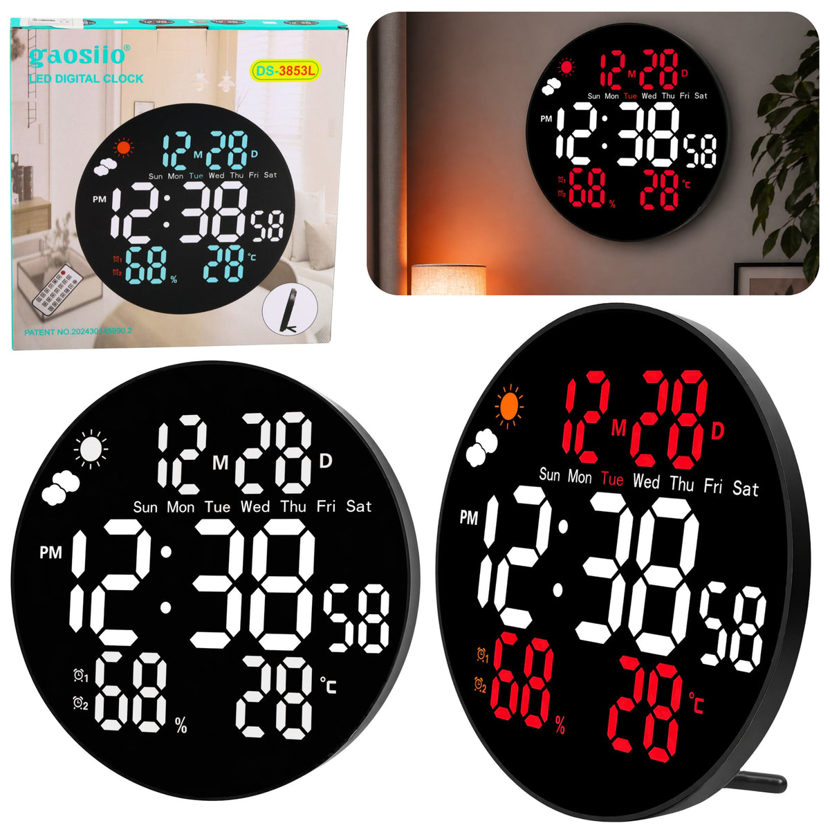 Ceas Perete Digital Led Data Temperatura Umiditate Alarma Telecomanda 25 Cm