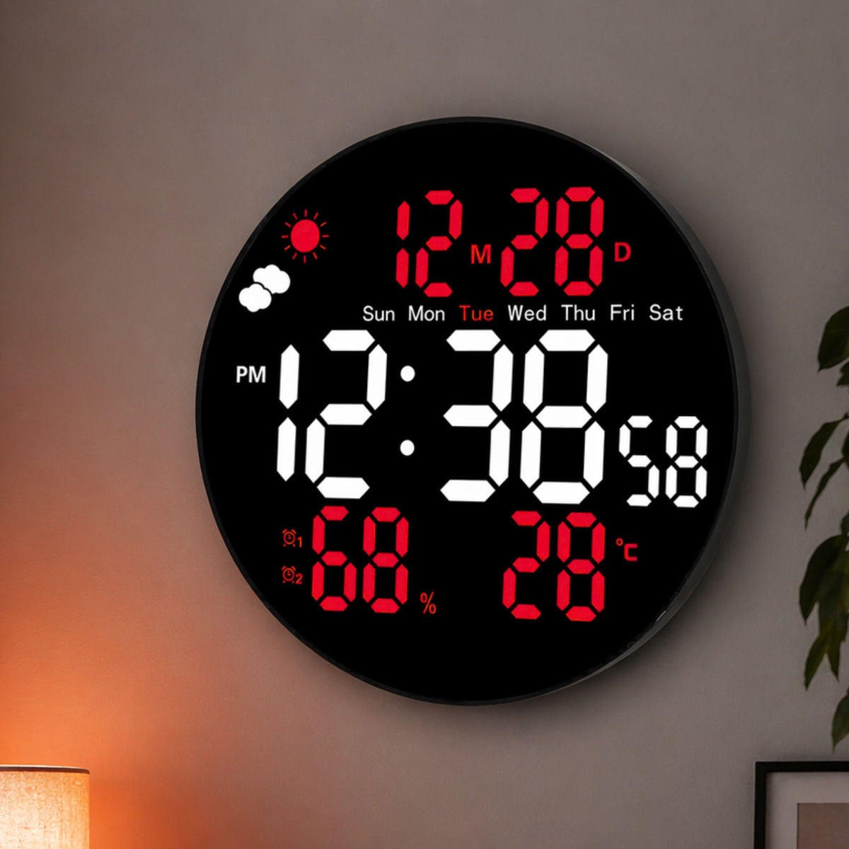 Ceas Perete Digital Led Data Temperatura Umiditate Alarma Telecomanda 25 Cm