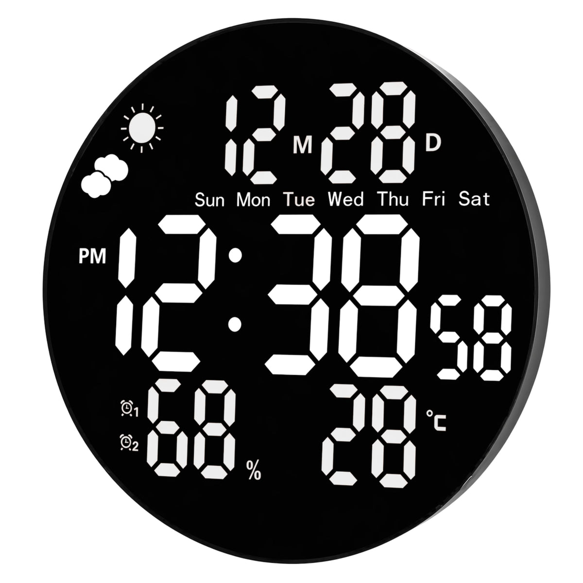 Digital Led Wall Clock Date Temperature Humidity Alarm Remote Control 25 Cm