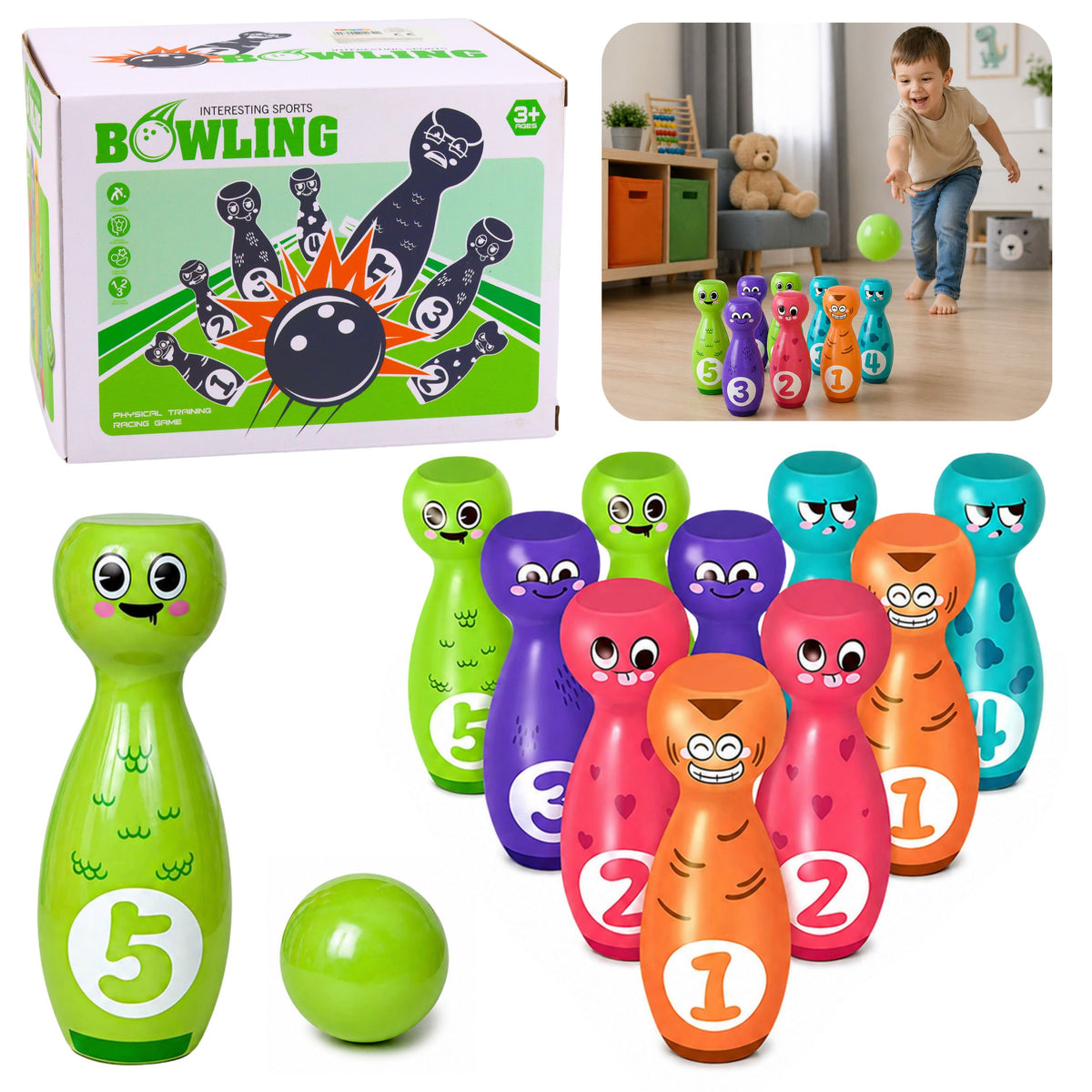 Bowling With Smiley Faces Educational Game For Children Skill Sports 10 Pcs.