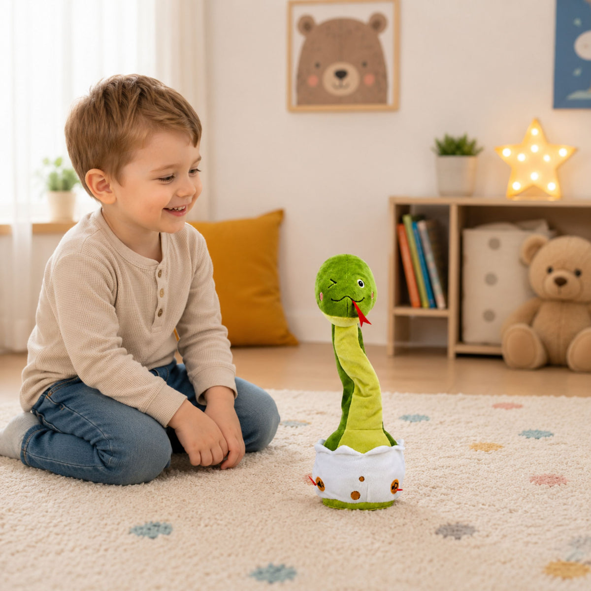 Peluche serpente danzante interattivo suoni musicali mascotte verde