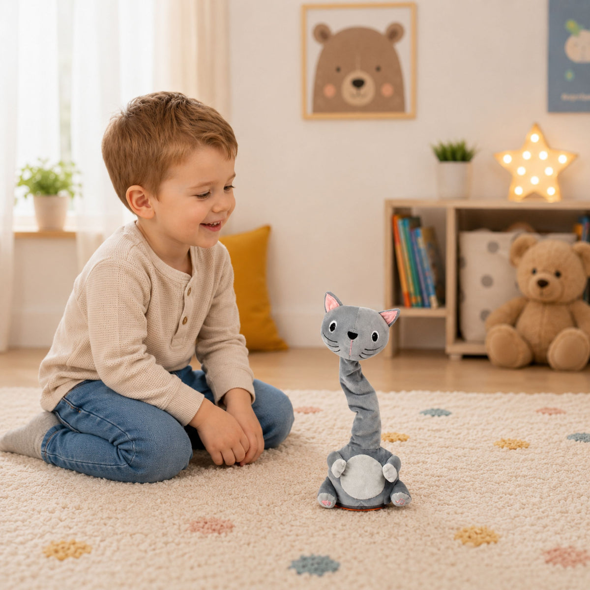 Peluche Gato Bailando Juguete Interactivo Sonidos Musicales Mascota Gris