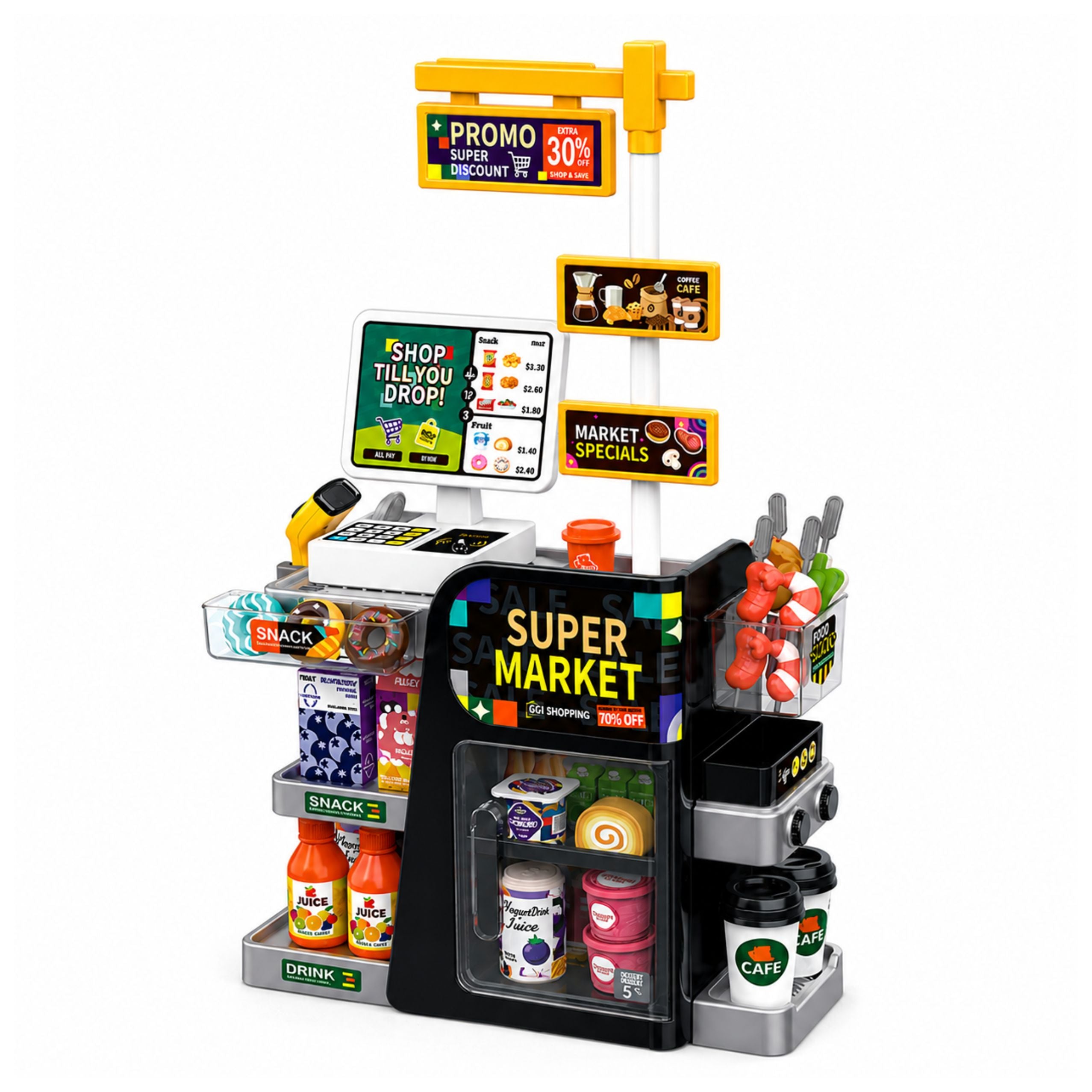 Supermarket Cash Register Scanner Beverage Dispenser Lights Sounds 65 Pcs.