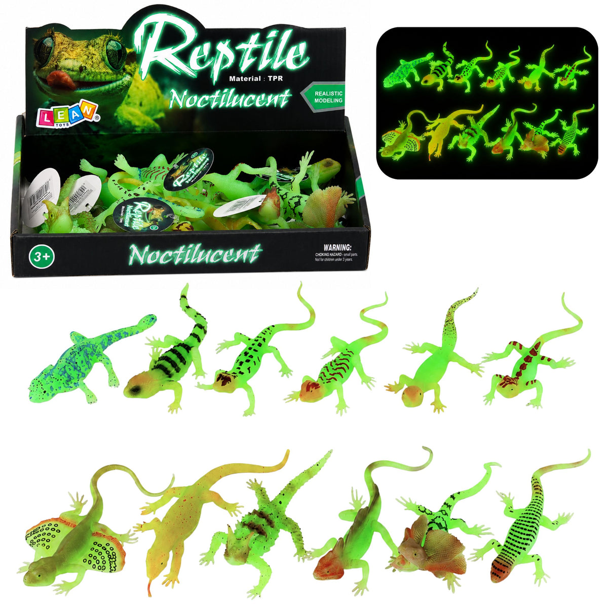 Fluorescerende grøn Glow-in-the-mørke Lizard Gummi Figur 15 cm