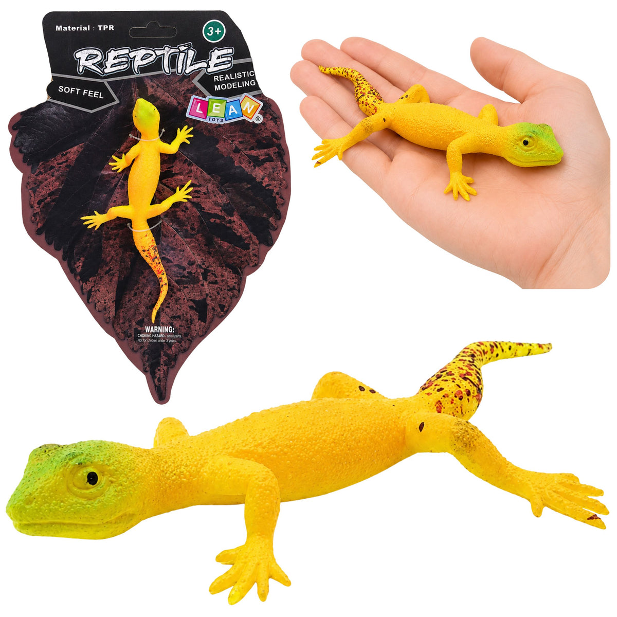 Figurine en caoutchouc Gecko doré reptile réaliste extensible 15,5 cm