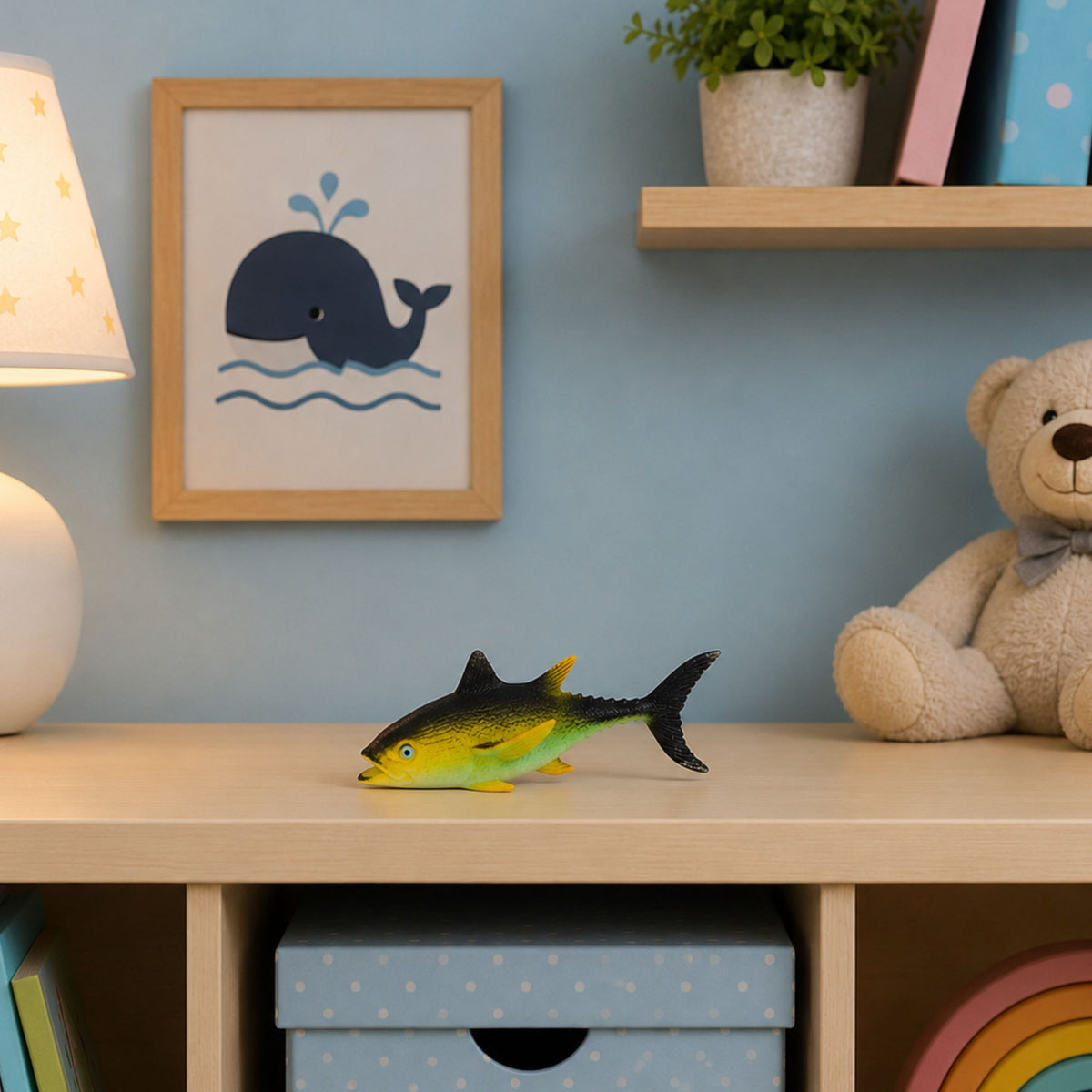 Figura di tonno in gomma di pesce estensibile, realistico pesce dell'oceano 14 cm