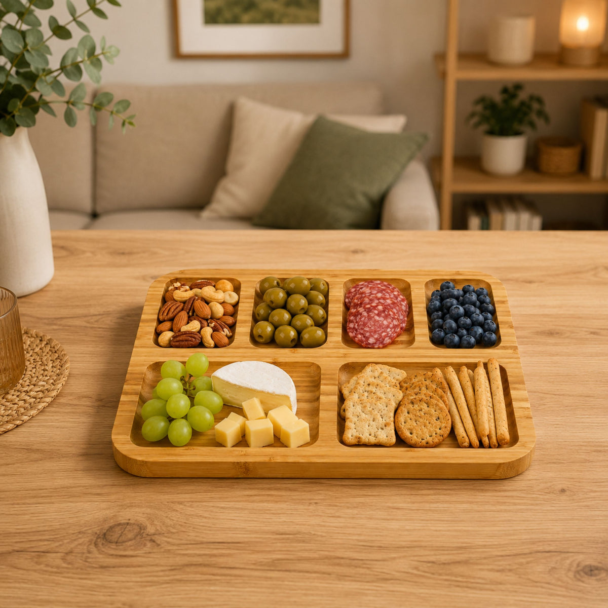 Bamboo Board Platter With Compartments For Serving Tray 36 X 28cm