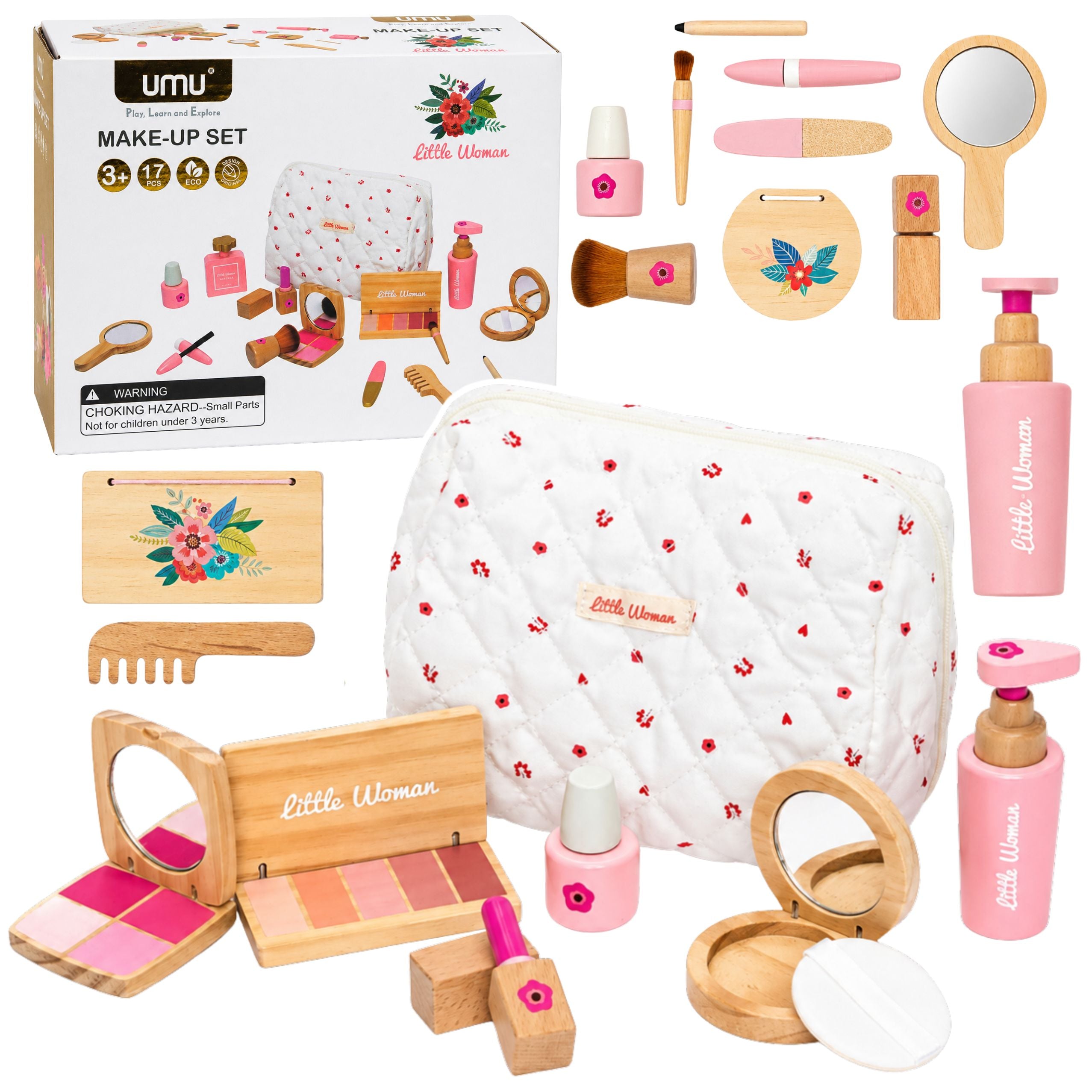 Wooden Beauty Set For Girls With White Cosmetic Bag 17 Pieces