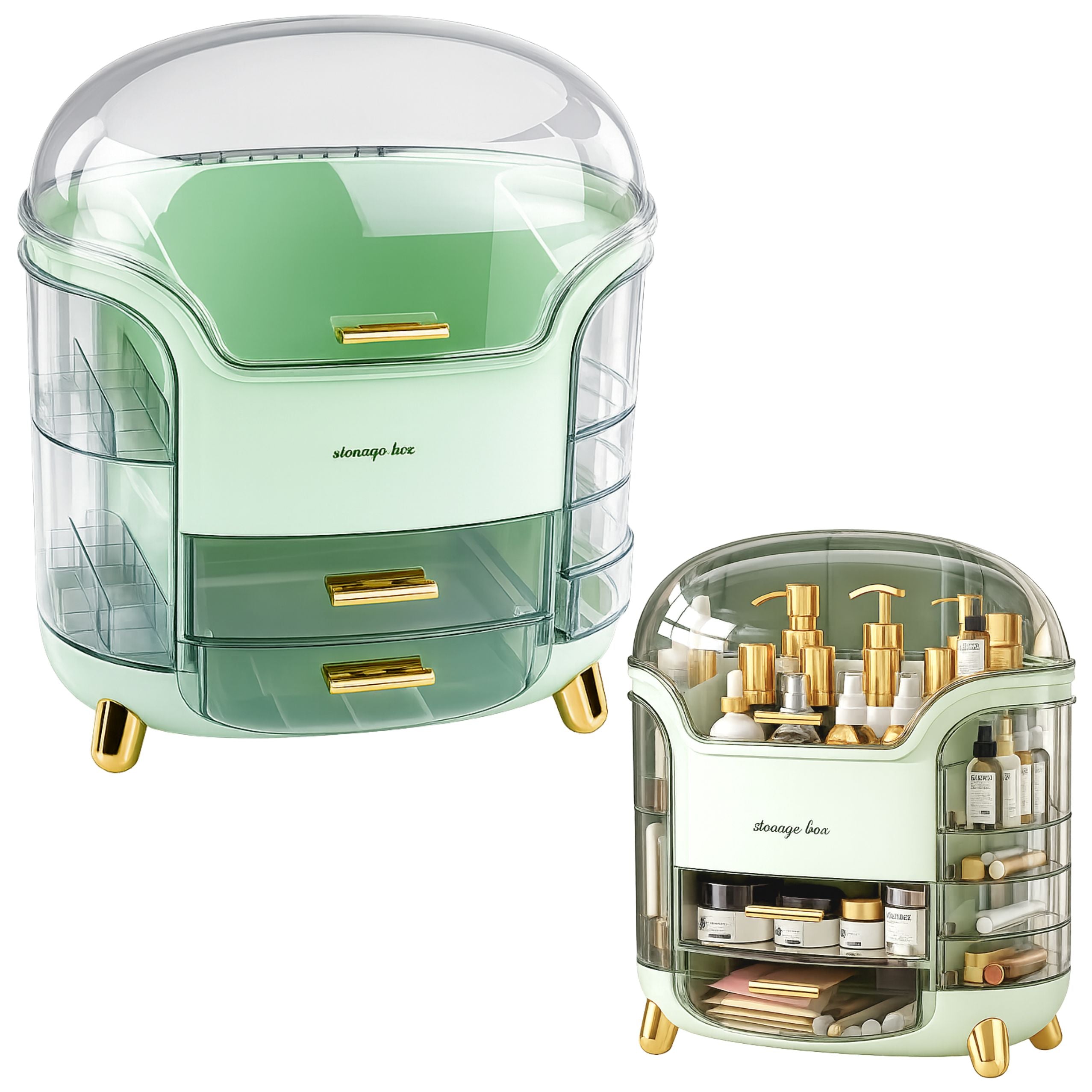 Large Cosmetics Organizer With Drawers And Lid Green
