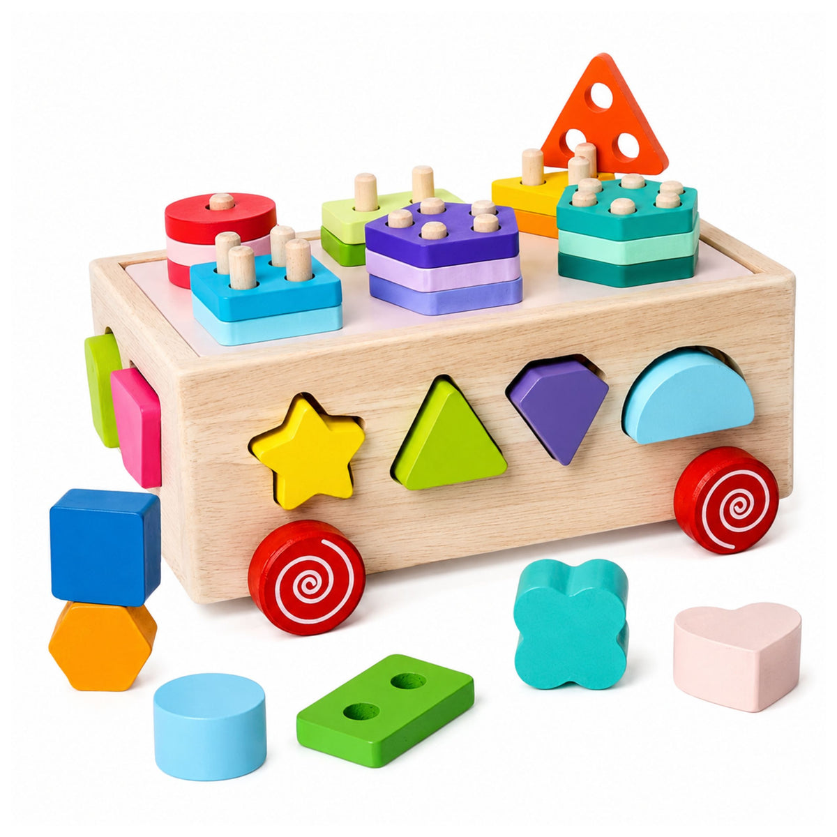 Selezionatore educativo Montessori in legno su ruote forme e numeri