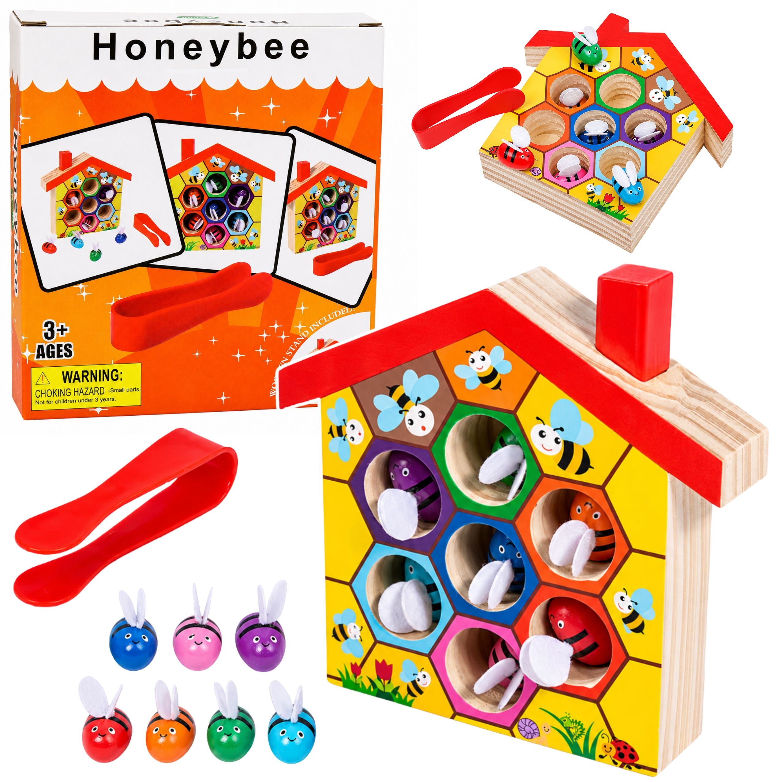 Dexterity Toy Educational Beehive Wooden Tweezers 7 Pcs.