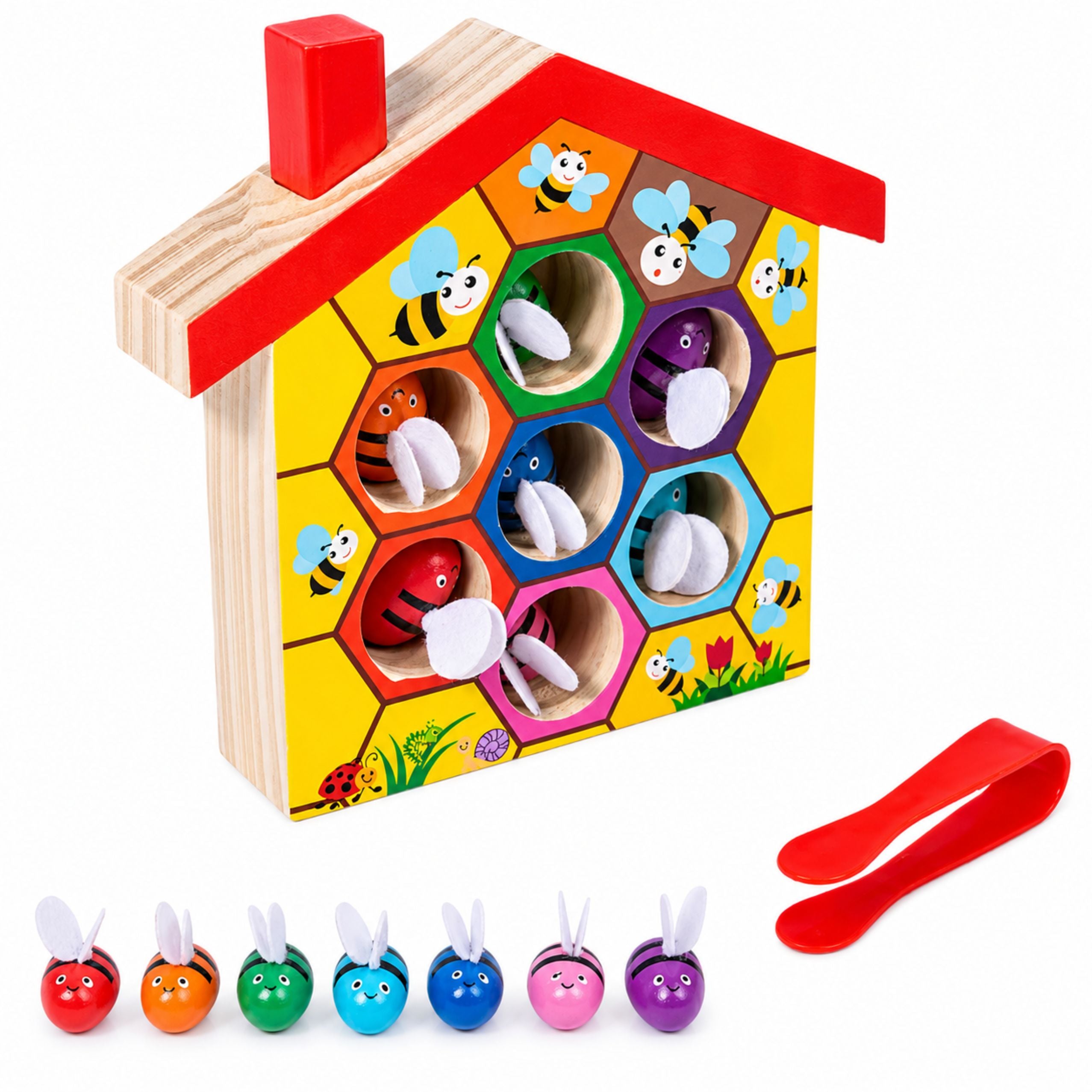 Dexterity Toy Educational Beehive Wooden Tweezers 7 Pcs.