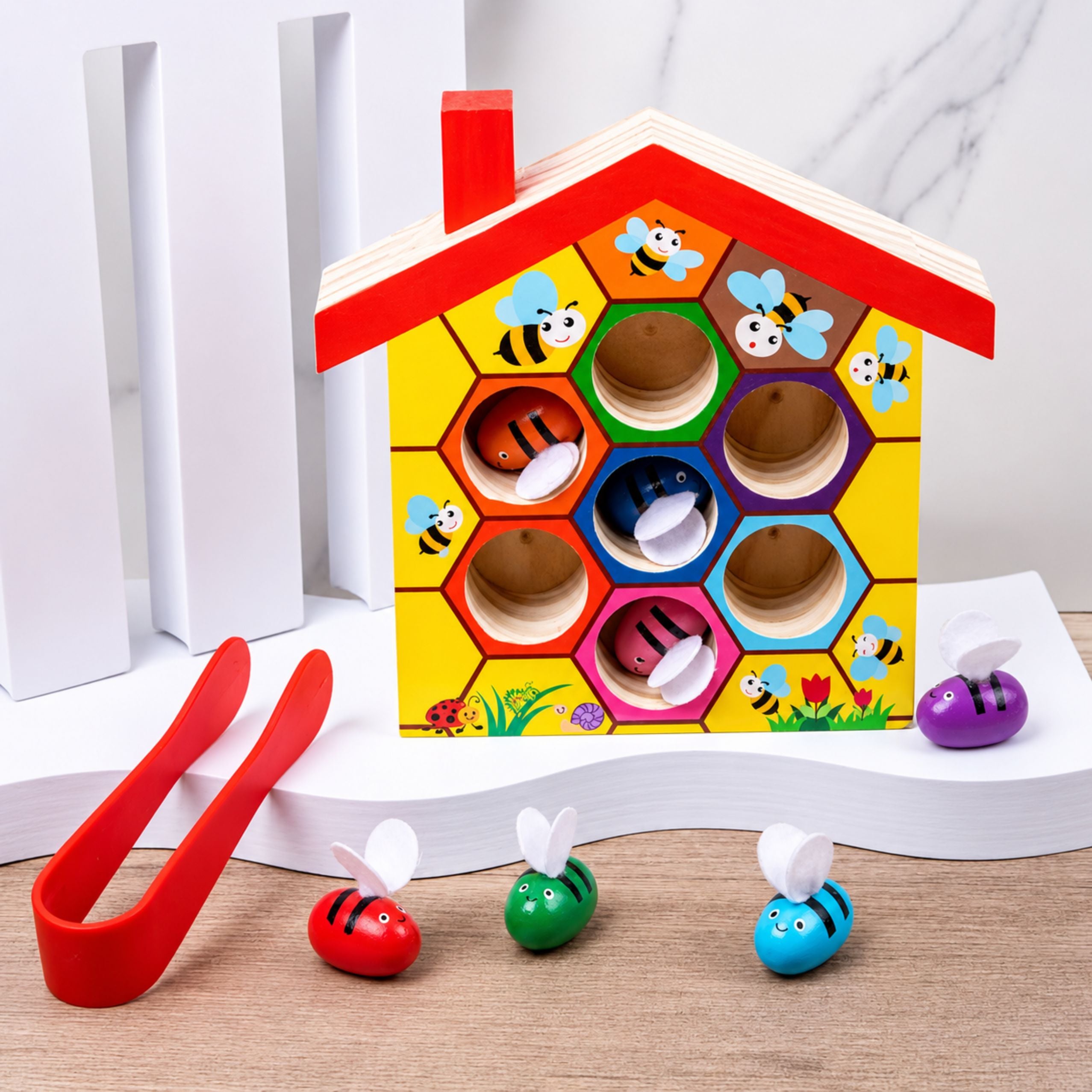 Dexterity Toy Educational Beehive Wooden Tweezers 7 Pcs.