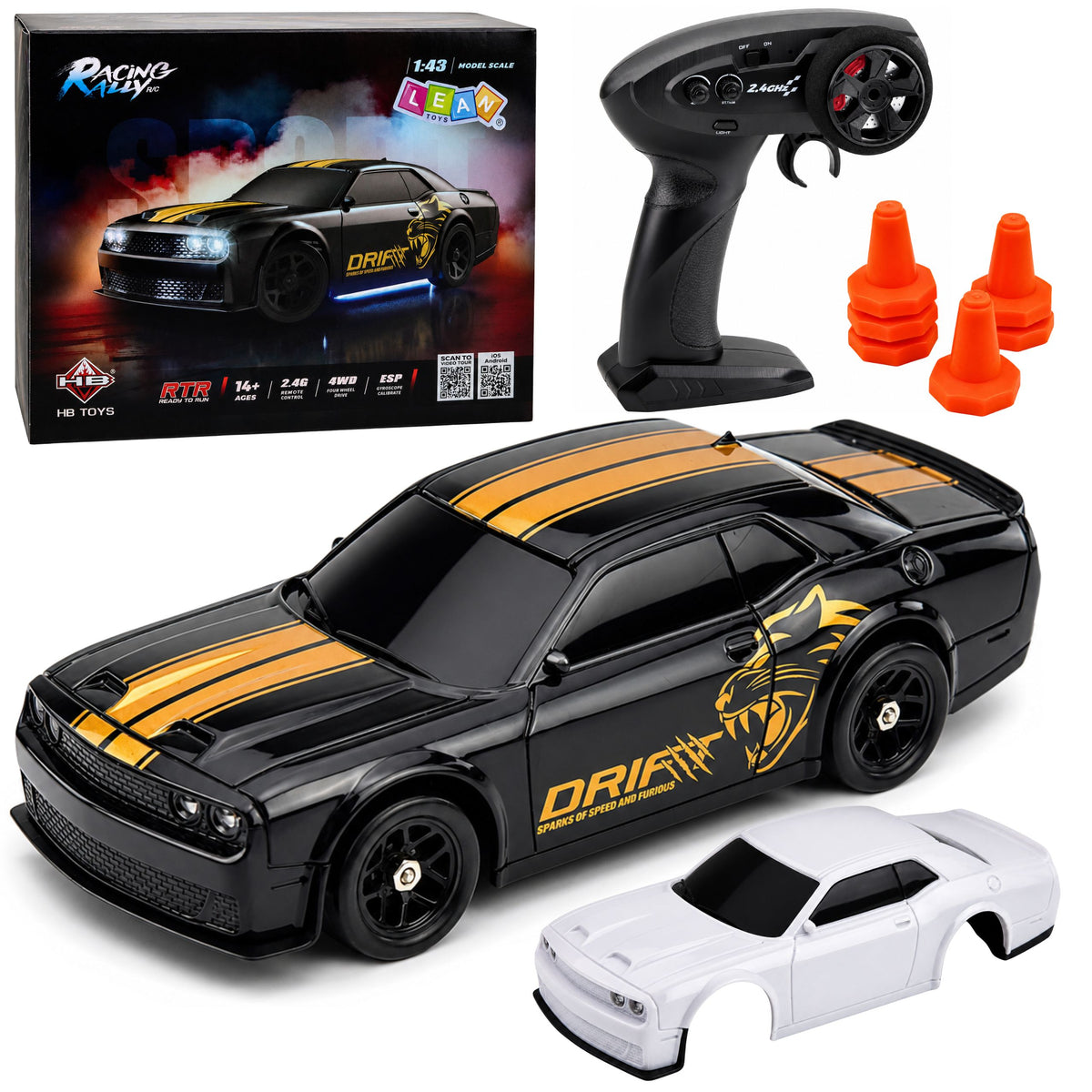 Rc Drift Sports Car Vymeniteľné kolesá karosérie 4wd Black 1:43
