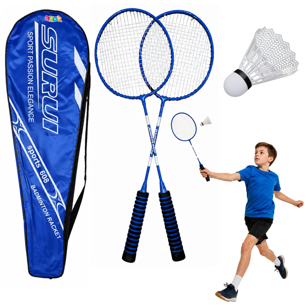 Set Badminton Rachete Shuttlecock Cover Albastru