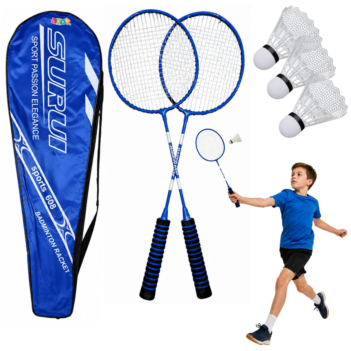 Set Badminton Rachete 3 Volani Husă Albastru