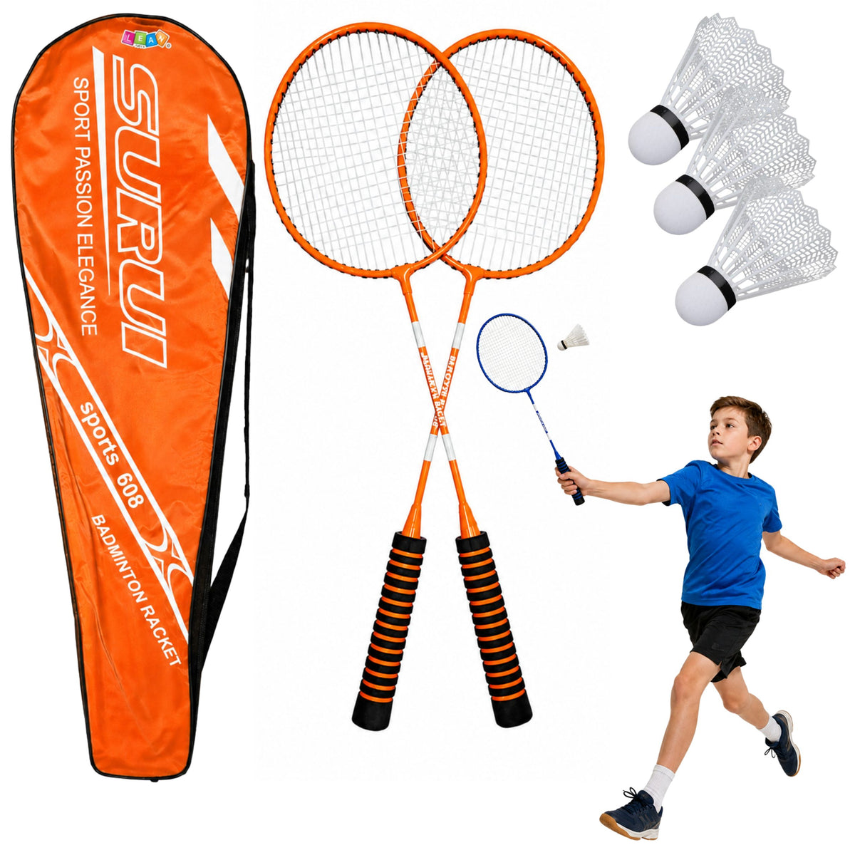 Set Badminton 3 Rachete Volane Carcasa Portocalie