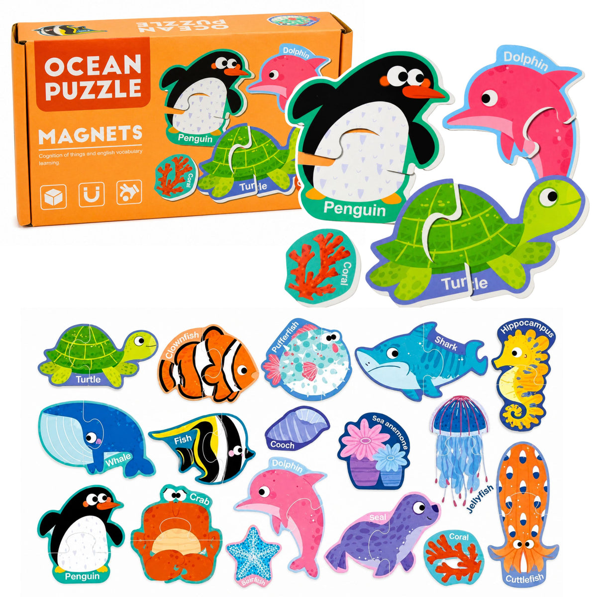 Magnetic Puzzle Sea Animals Fridge Magnets Educational 30 Pcs.