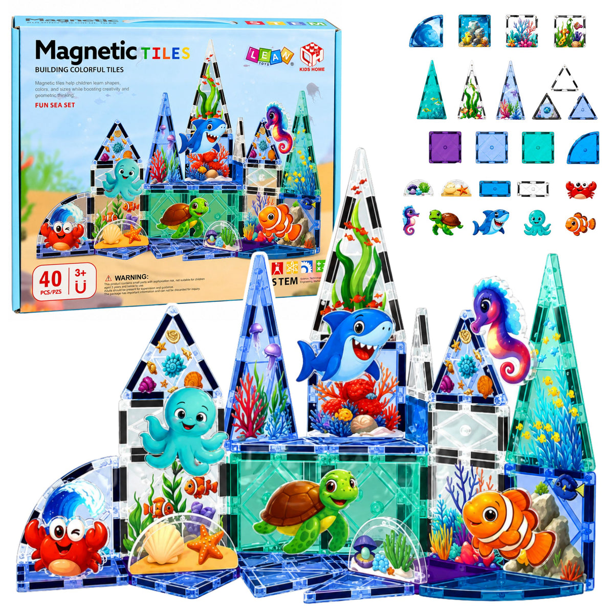 Magnetic Construction Blocks Sea Animals Ocean 40 Pcs.