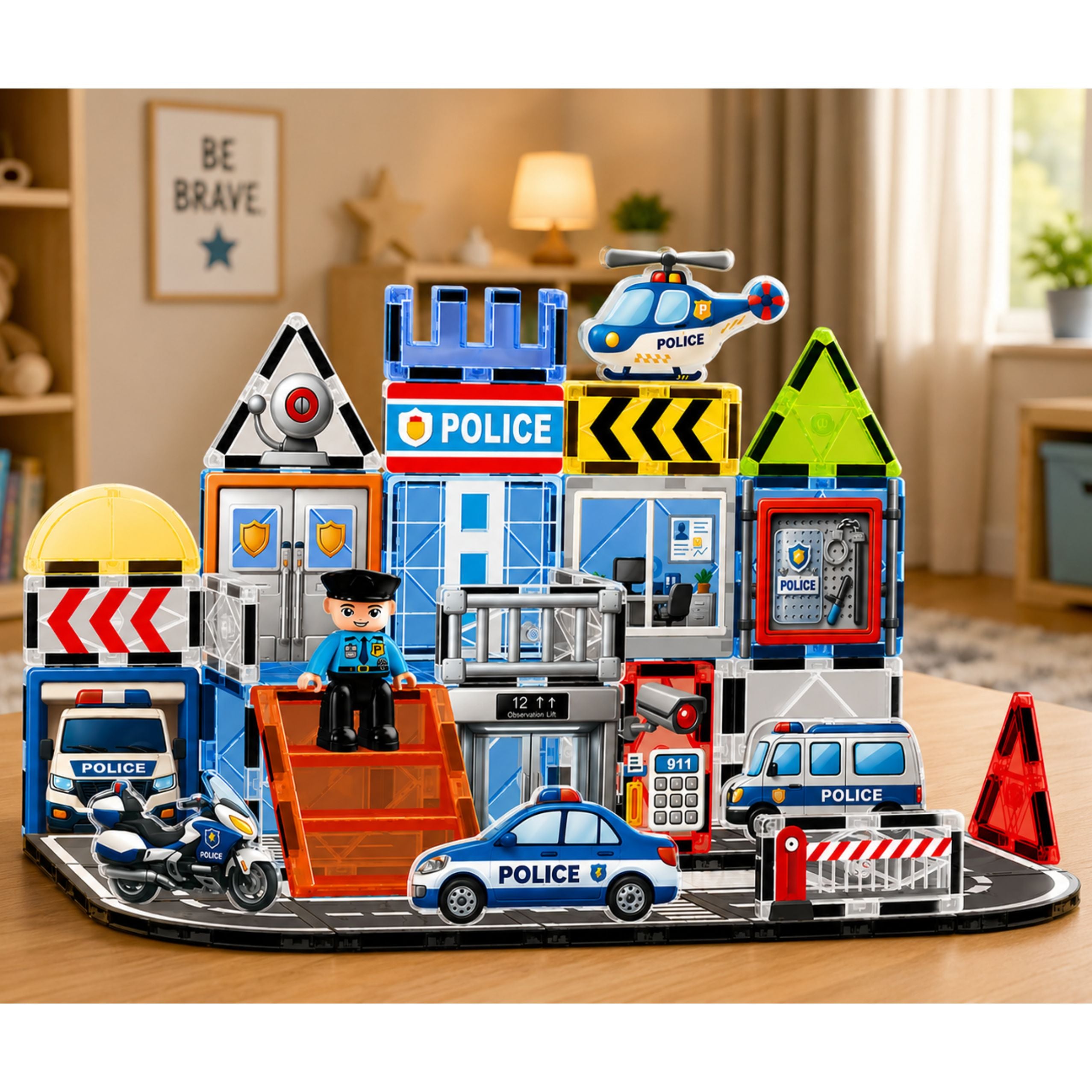 Magnetic Construction Blocks Police Base Vehicles Policeman 44 Pcs.