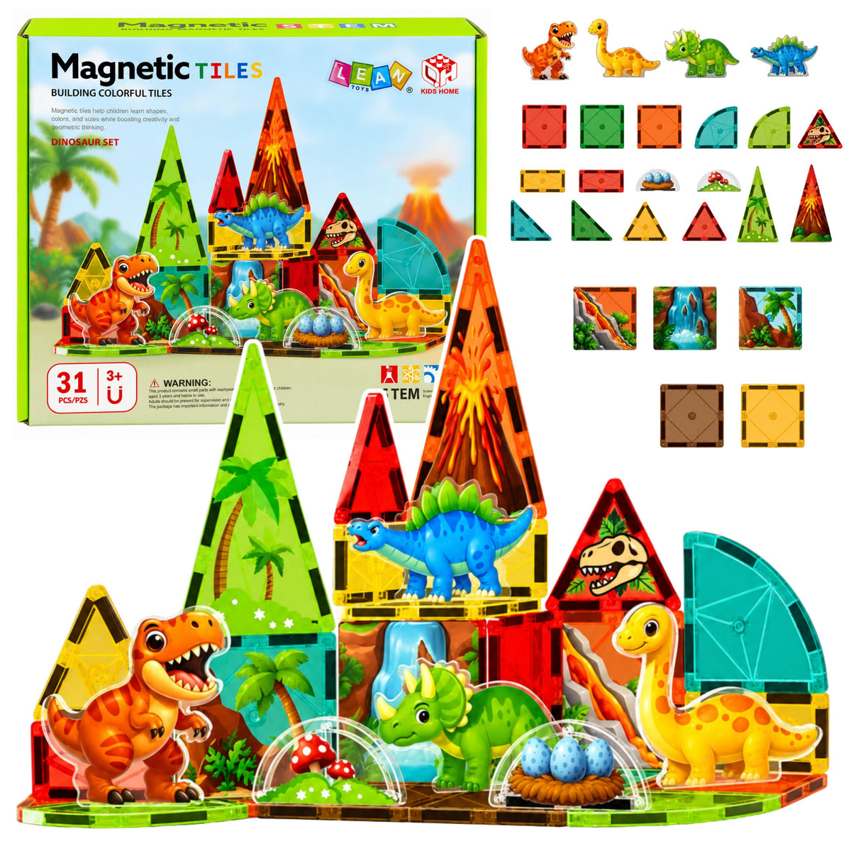Magnetic Construction Blocks Dinosaurs Volcano Colorful 31 Pcs.