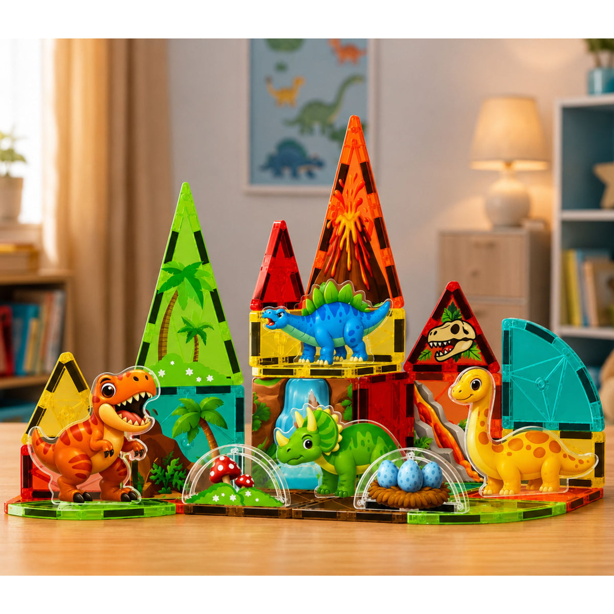 Magnetic Construction Blocks Dinosaurs Volcano Colorful 31 Pcs.