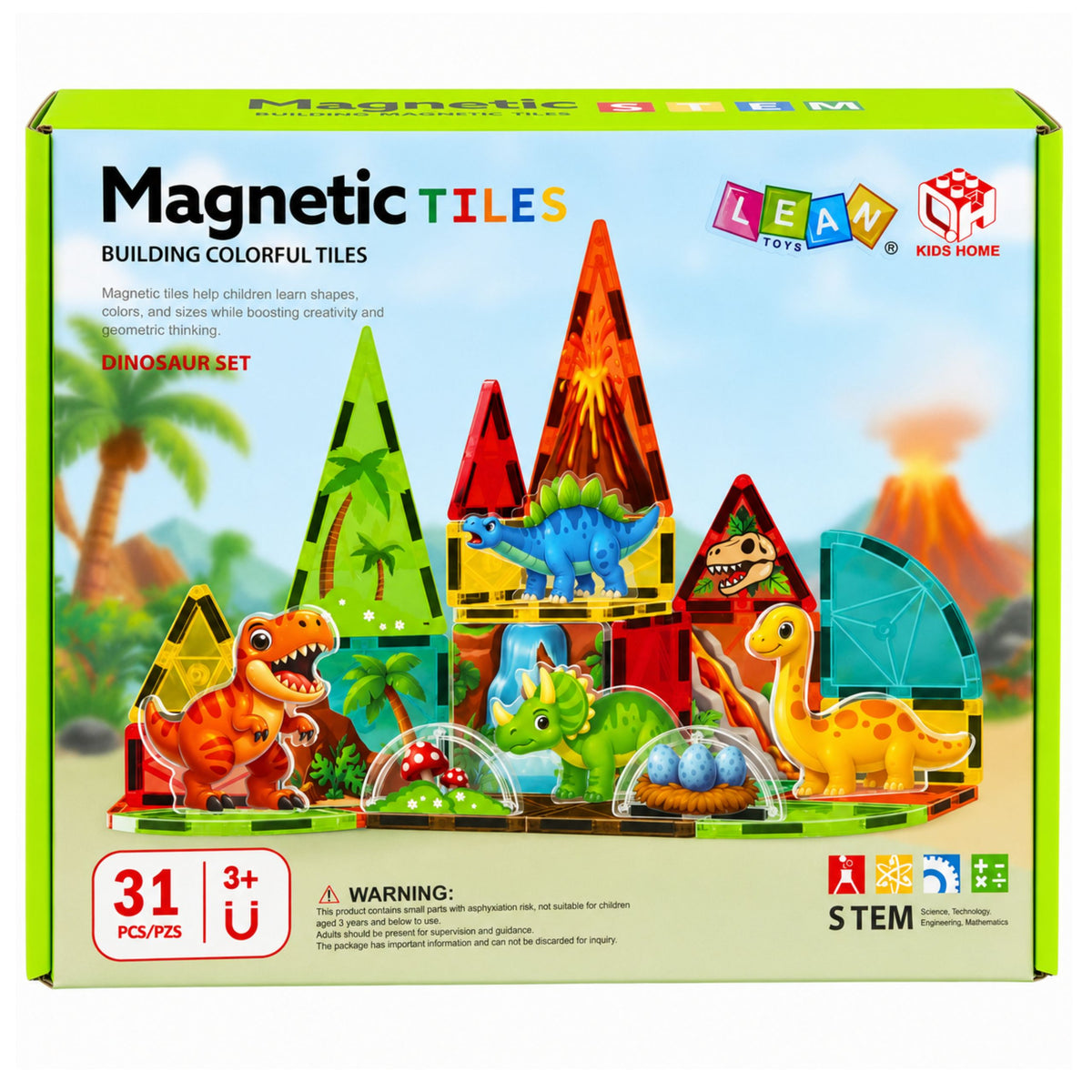 Magnetic Construction Blocks Dinosaurs Volcano Colorful 31 Pcs.