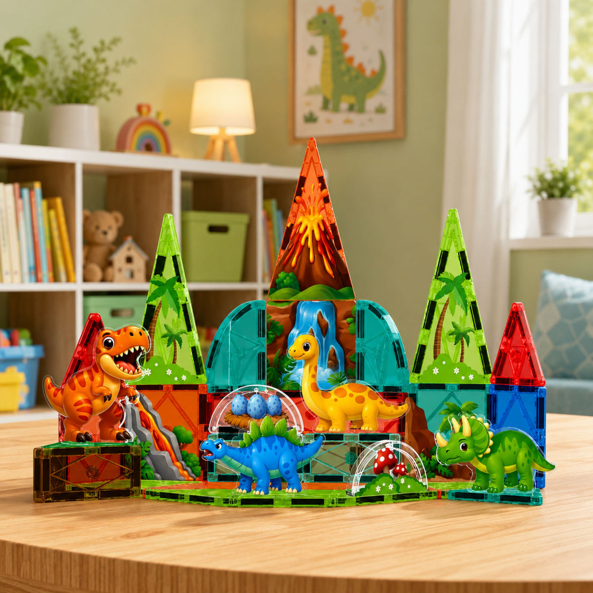 Klocki magnetyczne Dinozaury Wulkan Kolorowe 43 szt.