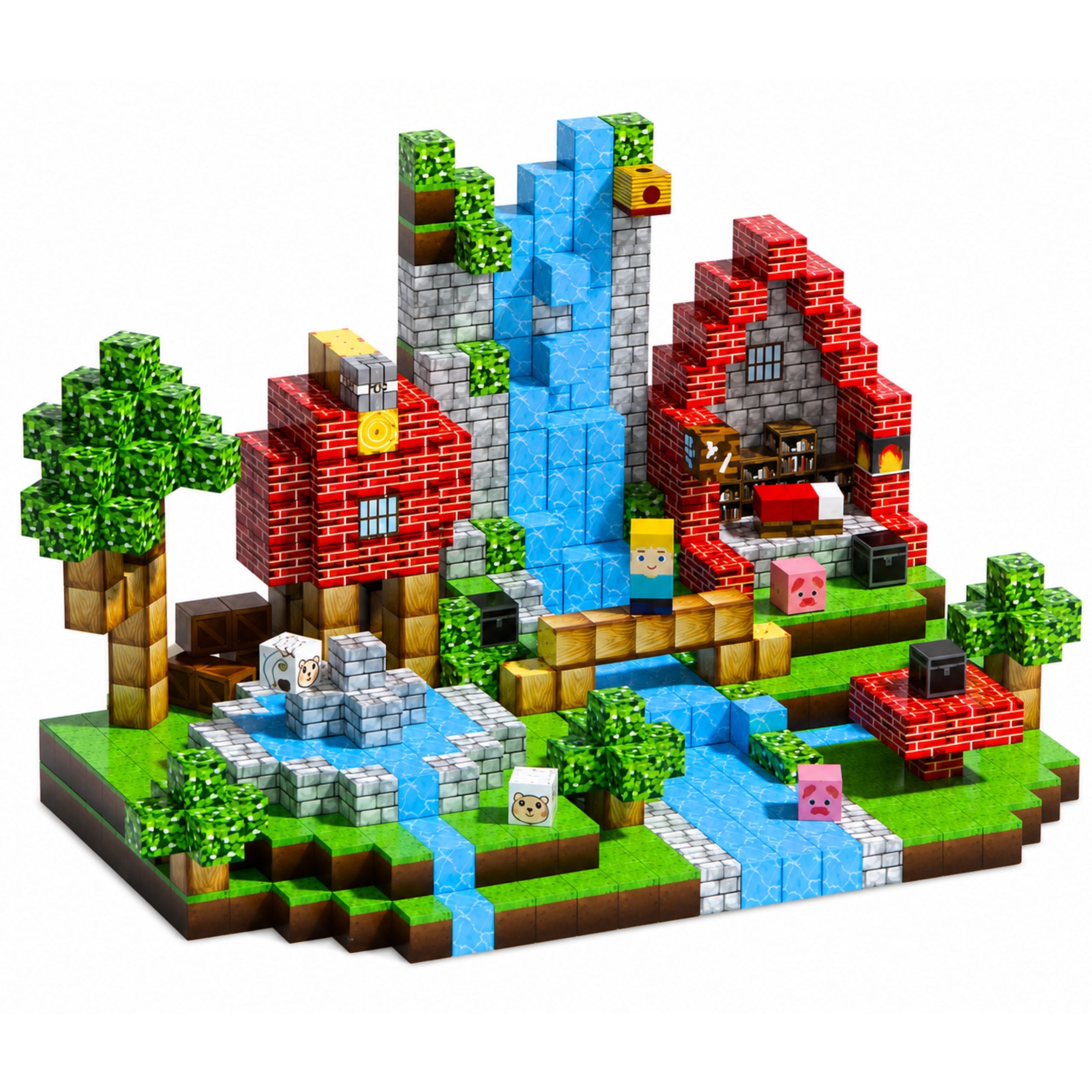 Set Of Magnetic Blocks Cubes Pixels Forest Waterfall 3d 100 Pcs.