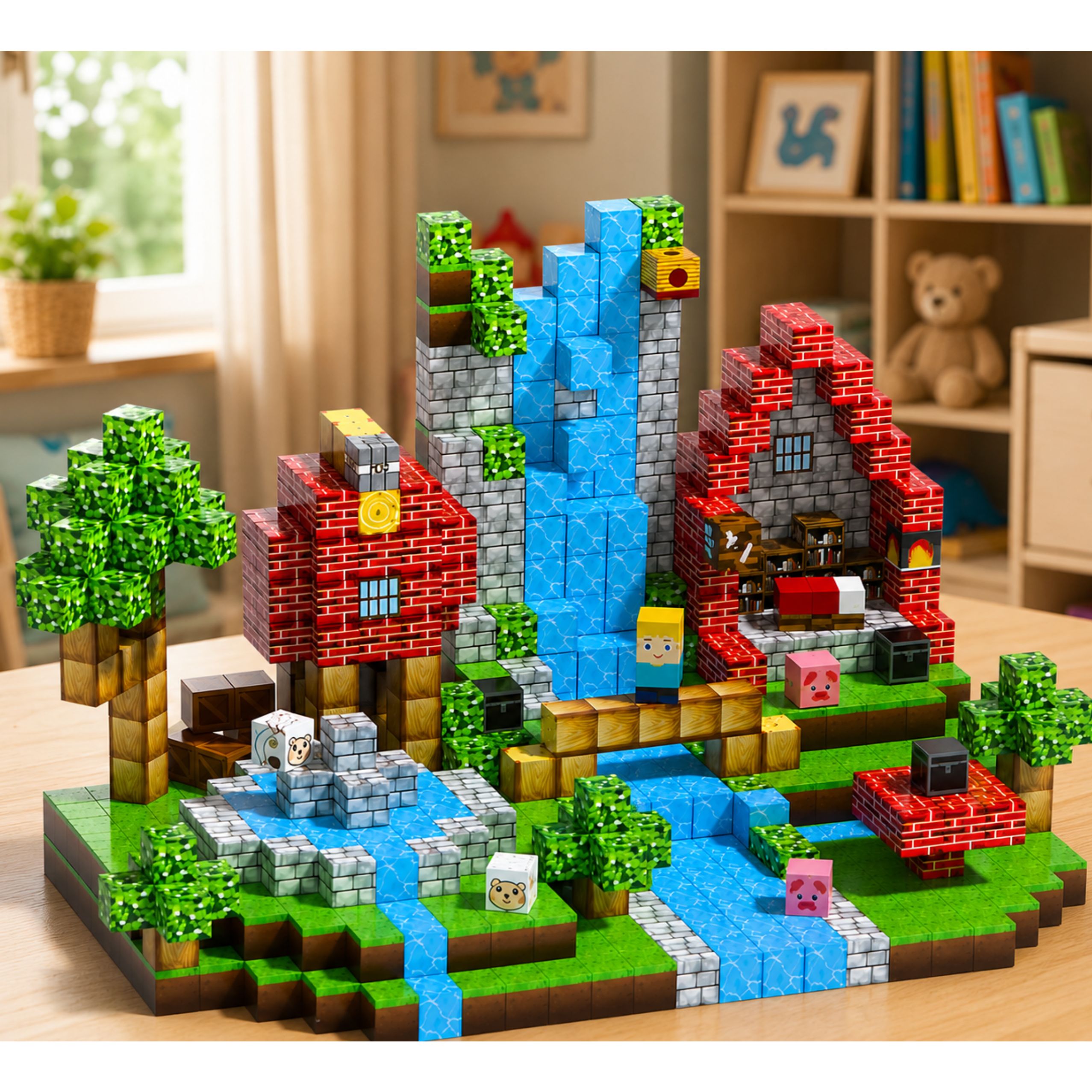 Set Of Magnetic Blocks Cubes Pixels Forest Waterfall 3d 100 Pcs.