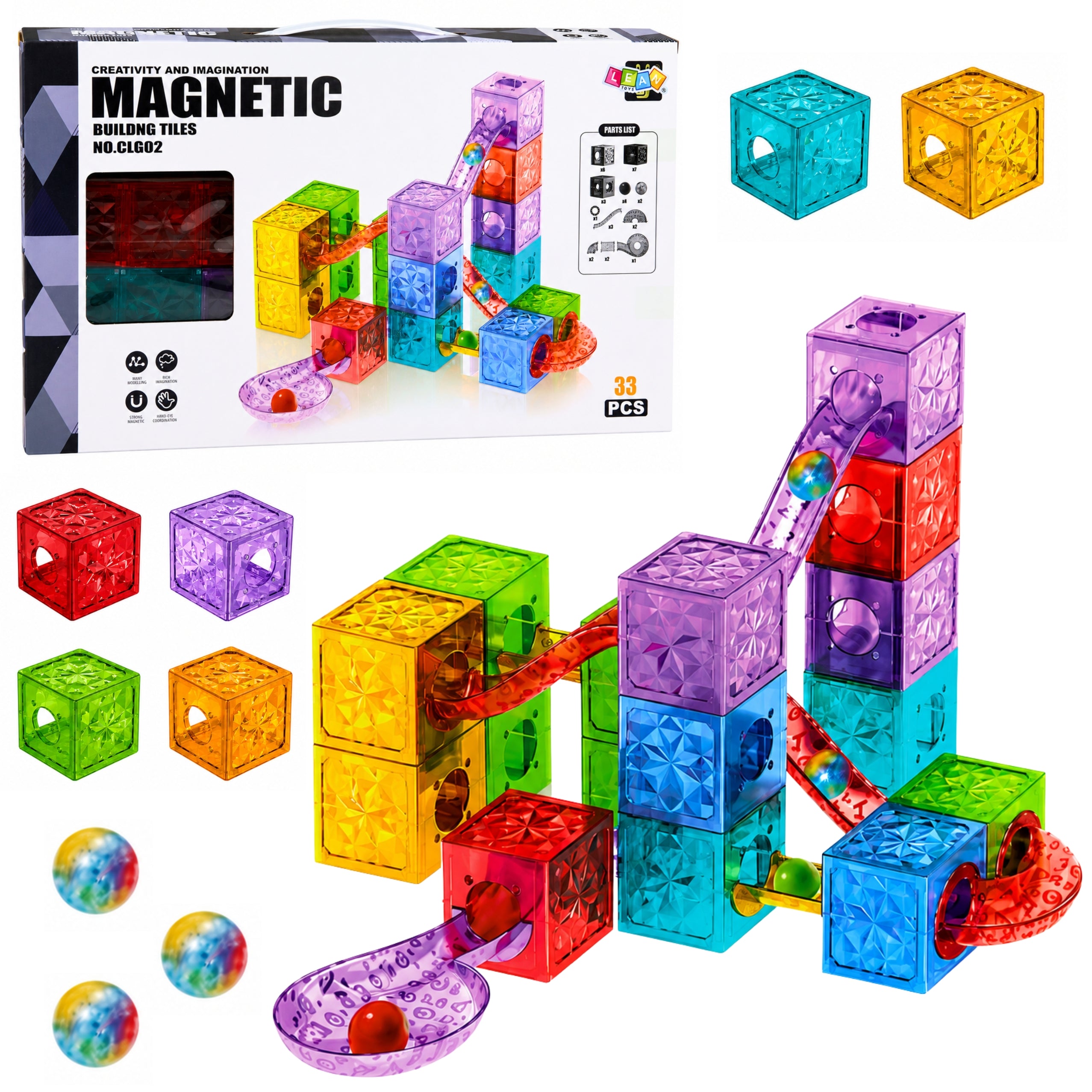 Magnetic Construction Blocks Cubes Ball Track Colorful 33 Pcs.