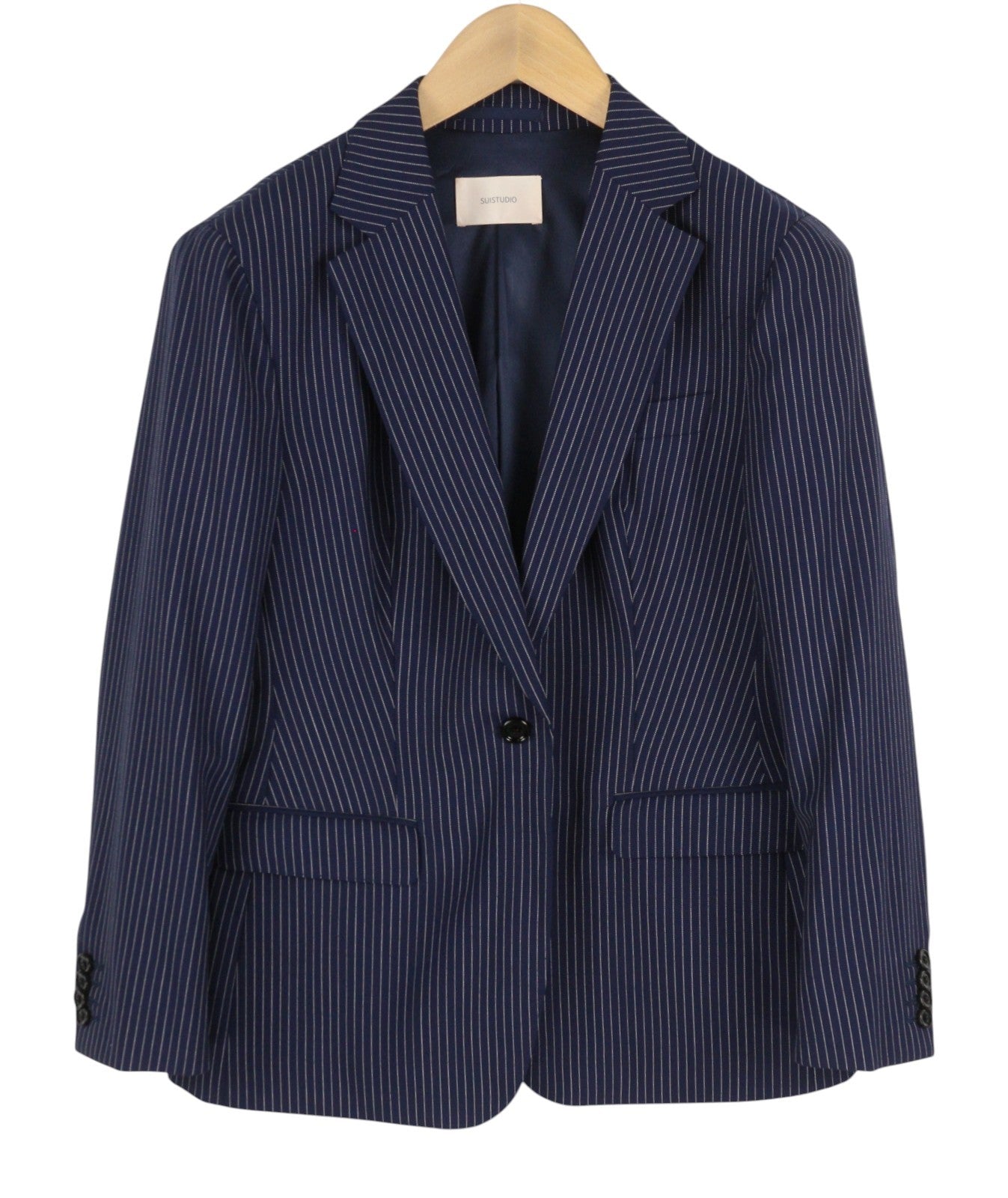 Suistudio Women Blazer Cameron Eu40s Blue Wool Pinstriped Single Breasted