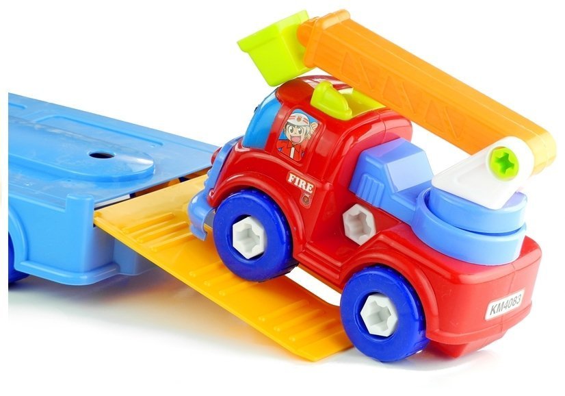 Set Of Vehicles Police Fire Engine Auto Transport Trailer Unscrewing